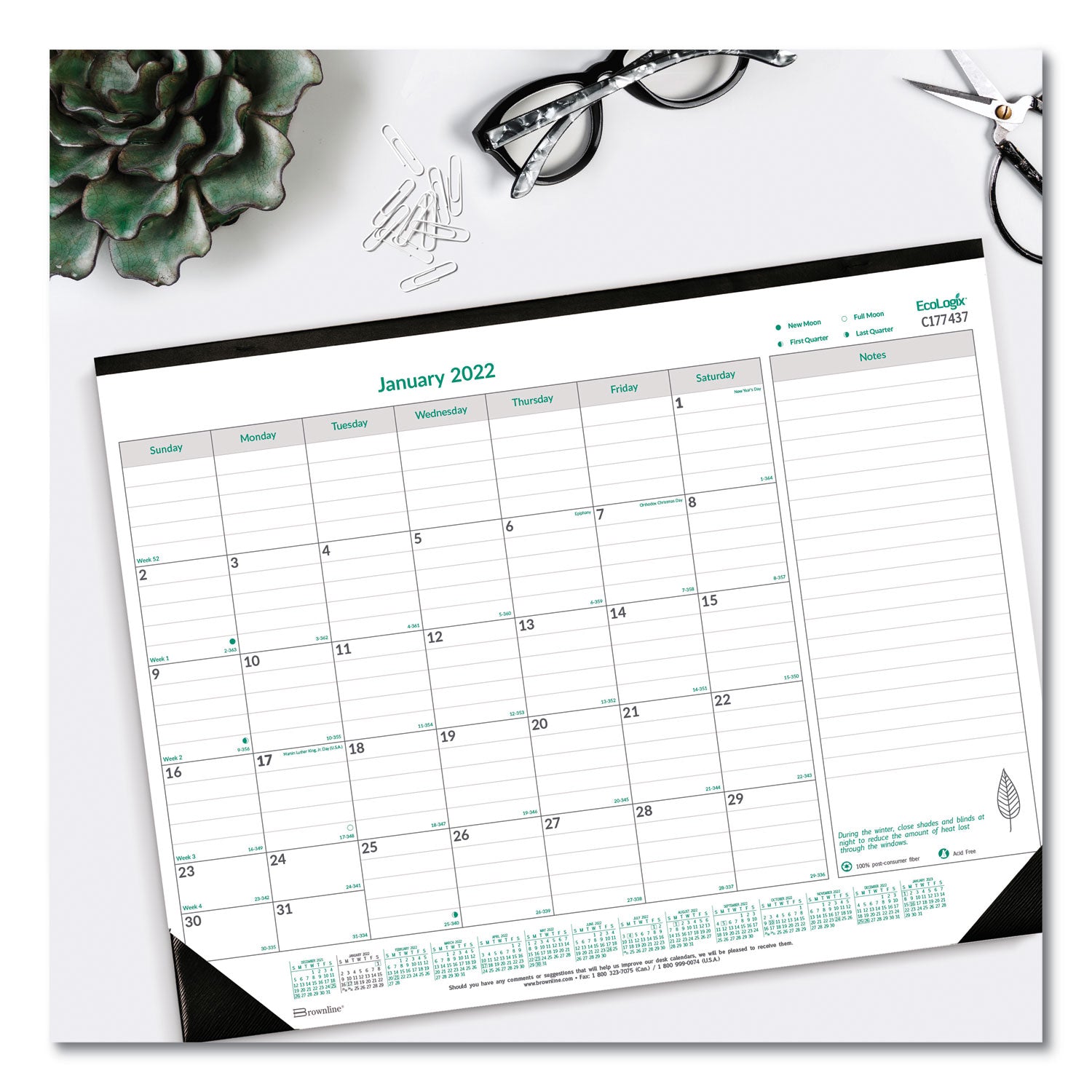 EcoLogix Monthly Desk Pad Calendar, 22 x 17, White/Green Sheets, Black Binding/Corners, 12-Month (Jan to Dec): 2024 - 