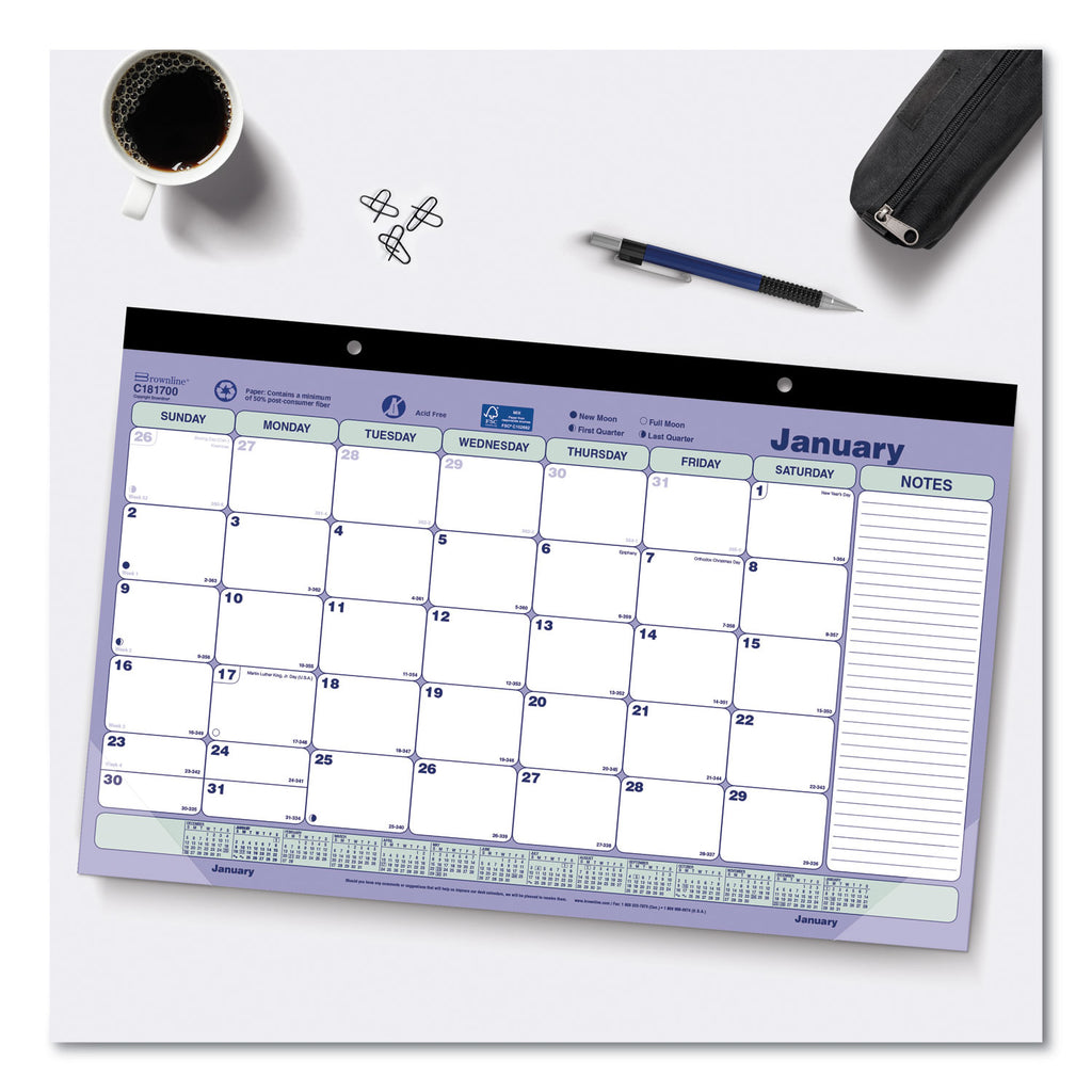 Monthly Desk Pad Calendar, 17.75 x 10.88, White/Blue/Green Sheets, Black Binding, Clear Corners, 12-Month (Jan to Dec): 2024