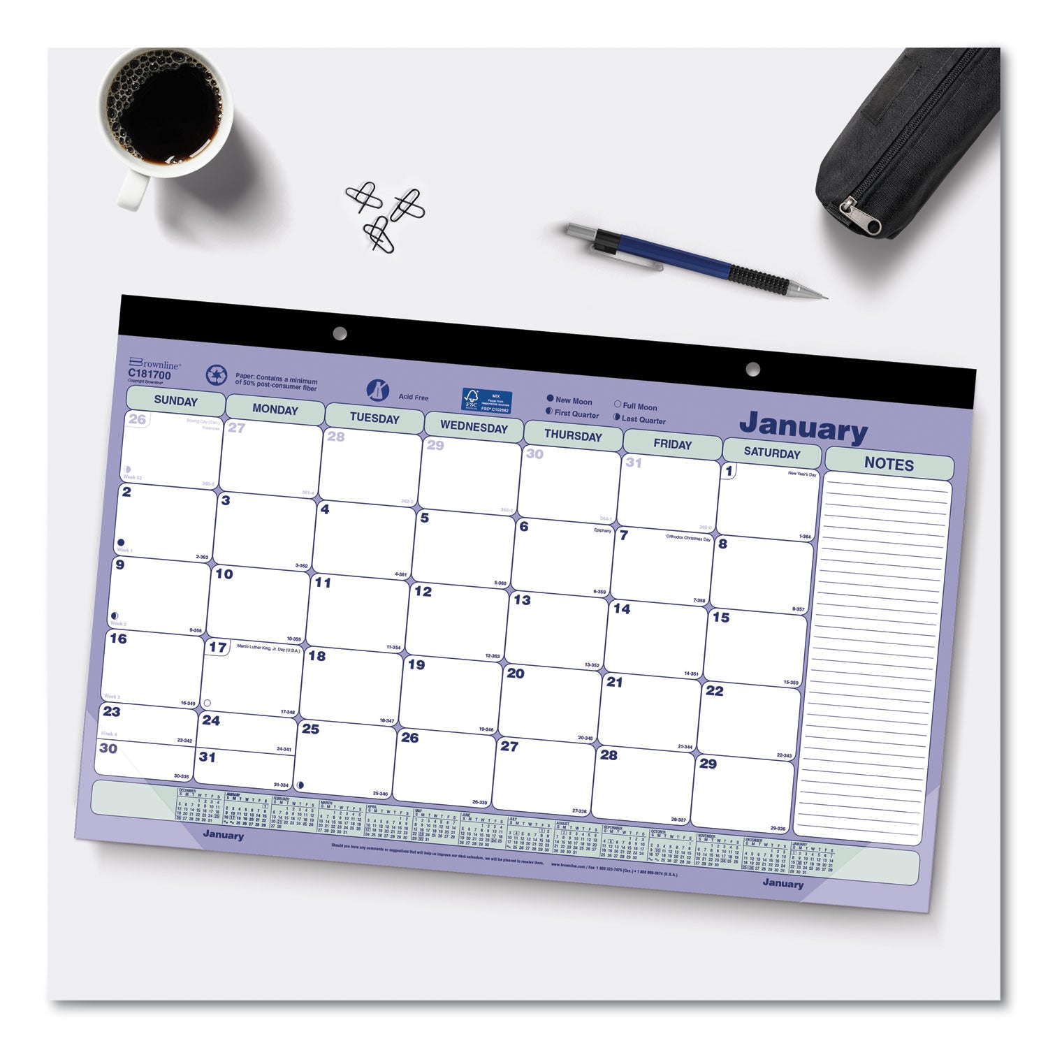 Monthly Desk Pad Calendar, 17.75 x 10.88, White/Blue/Green Sheets, Black Binding, Clear Corners, 12-Month (Jan to Dec): 2024