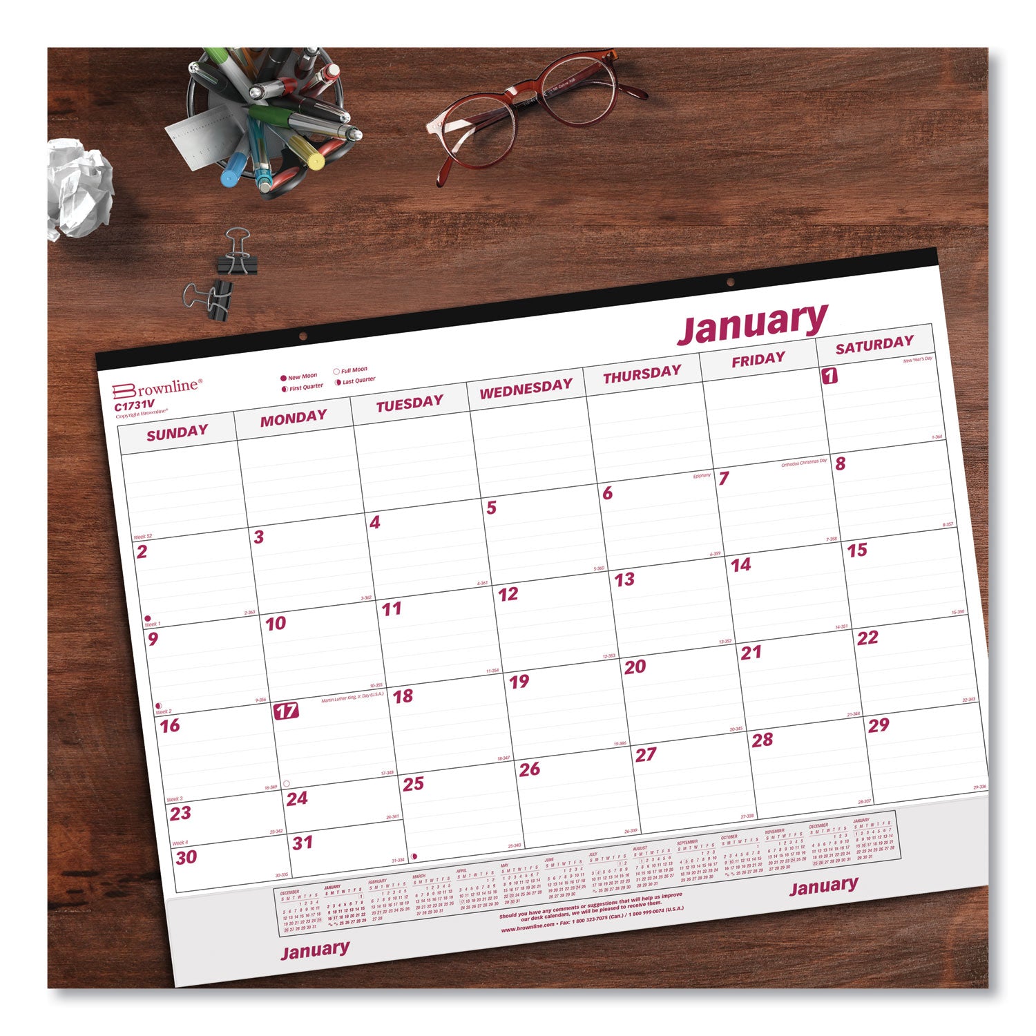 Monthly Desk Pad Calendar, 22 x 17, White/Burgundy Sheets, Black Binding, Clear Corners, 12-Month (Jan to Dec): 2024 - 