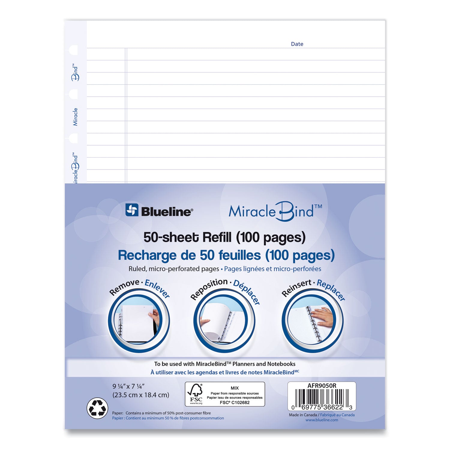 MiracleBind Ruled Paper Refill Sheets for all MiracleBind Notebooks and Planners, 9.25 x 7.25, White/Blue Sheets, Undated