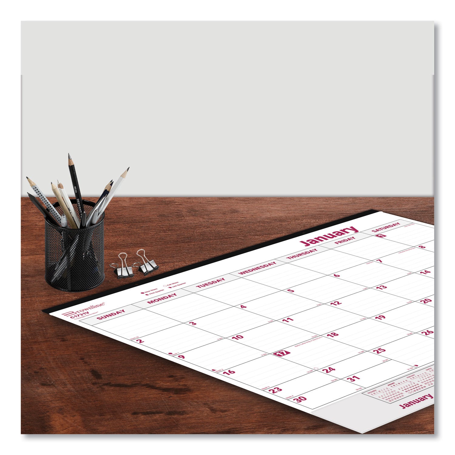 Monthly Desk Pad Calendar, 22 x 17, White/Burgundy Sheets, Black Binding, Clear Corners, 12-Month (Jan to Dec): 2024