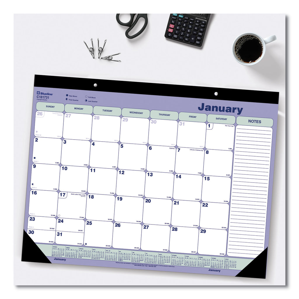 Monthly Desk Pad Calendar, 21.25 x 16, White/Blue/Green Sheets, Black Binding, Black Corners, 12-Month (Jan to Dec): 2024
