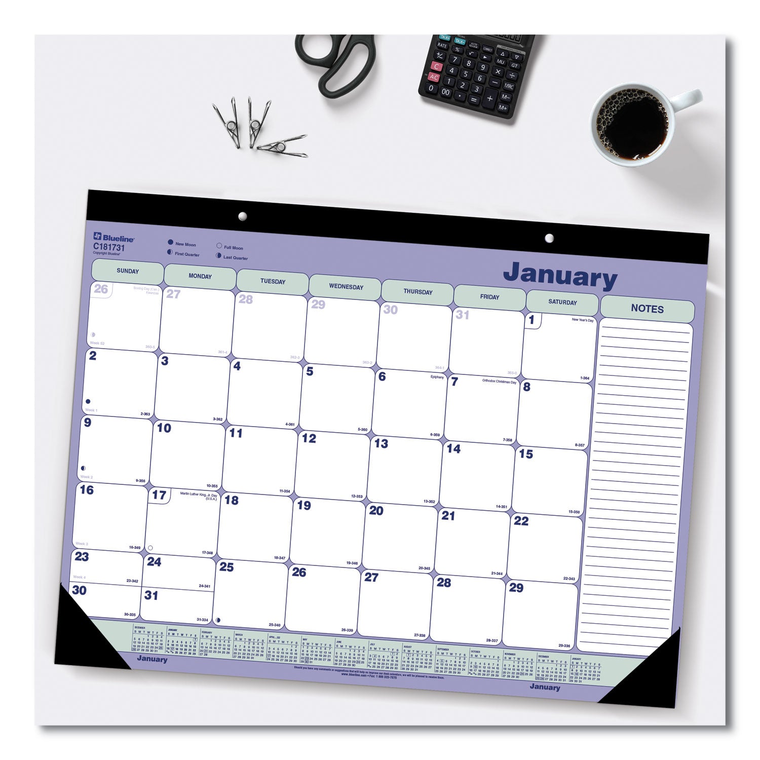 Monthly Desk Pad Calendar, 21.25 x 16, White/Blue/Green Sheets, Black Binding, Black Corners, 12-Month (Jan to Dec): 2024