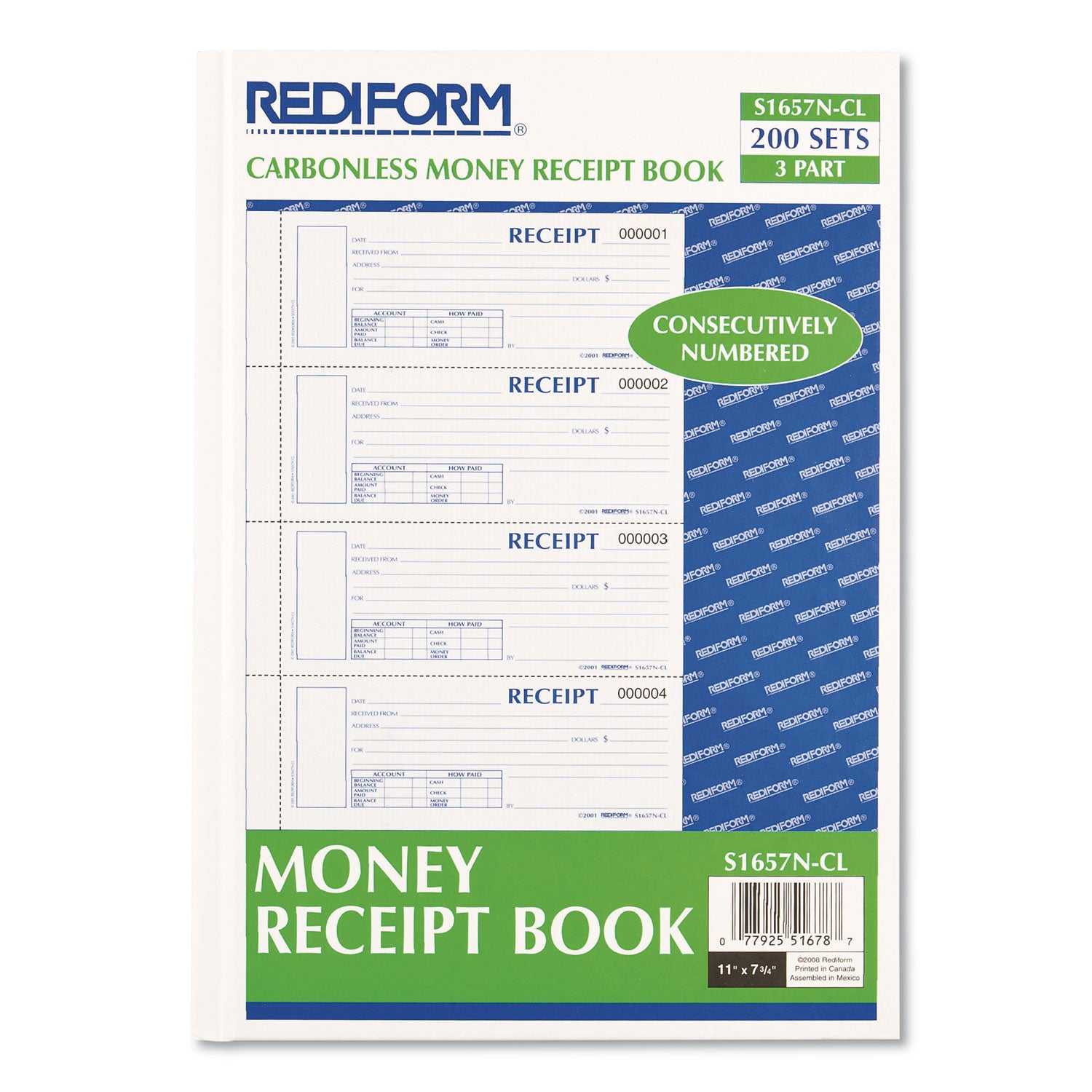 Durable Hardcover Numbered Money Receipt Book, Three-Part Carbonless, 6.88 x 2.75, 4 Forms/Sheet, 200 Forms Total - 