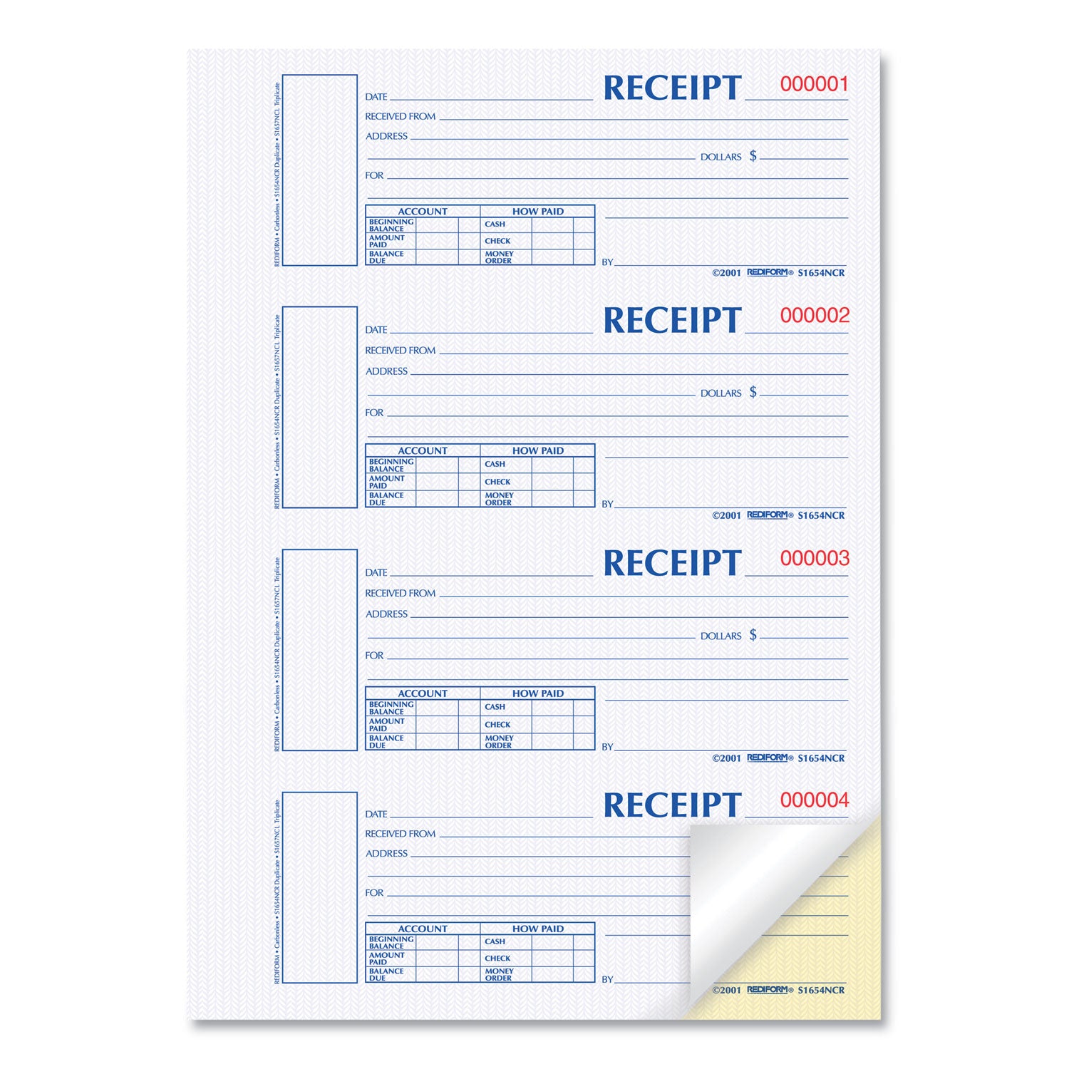 Durable Hardcover Numbered Money Receipt Book, Two-Part Carbonless, 6.88 x 2.75, 4 Forms/Sheet, 300 Forms Total - 