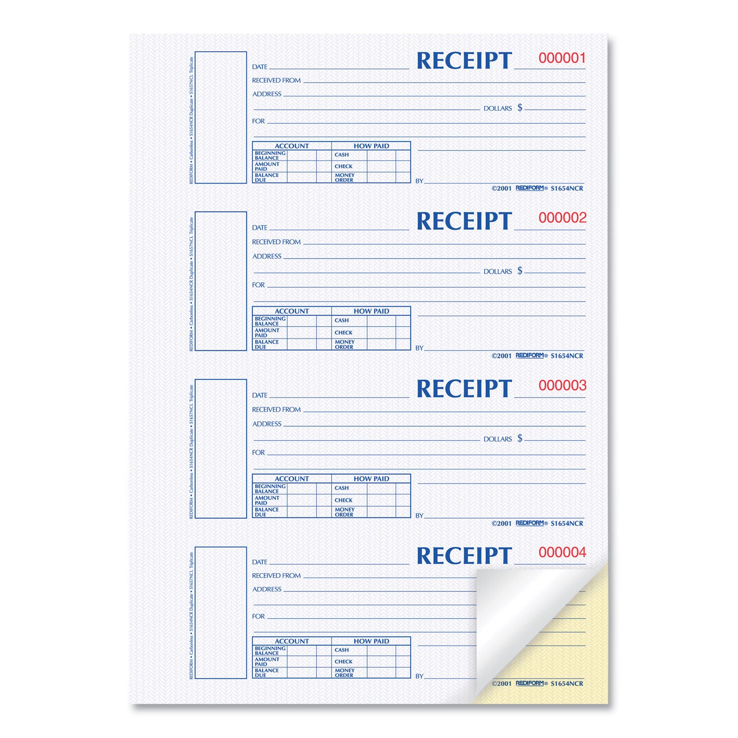 Durable Hardcover Numbered Money Receipt Book, Two-Part Carbonless, 6.88 x 2.75, 4 Forms/Sheet, 300 Forms Total