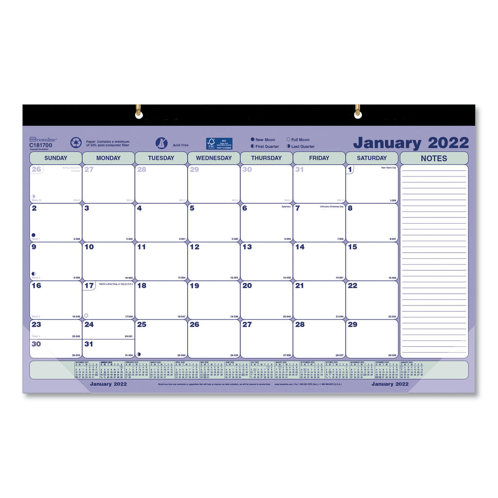 Monthly Desk Pad Calendar, 17.75 x 10.88, White/Blue/Green Sheets, Black Binding, Clear Corners, 12-Month (Jan to Dec): 2024
