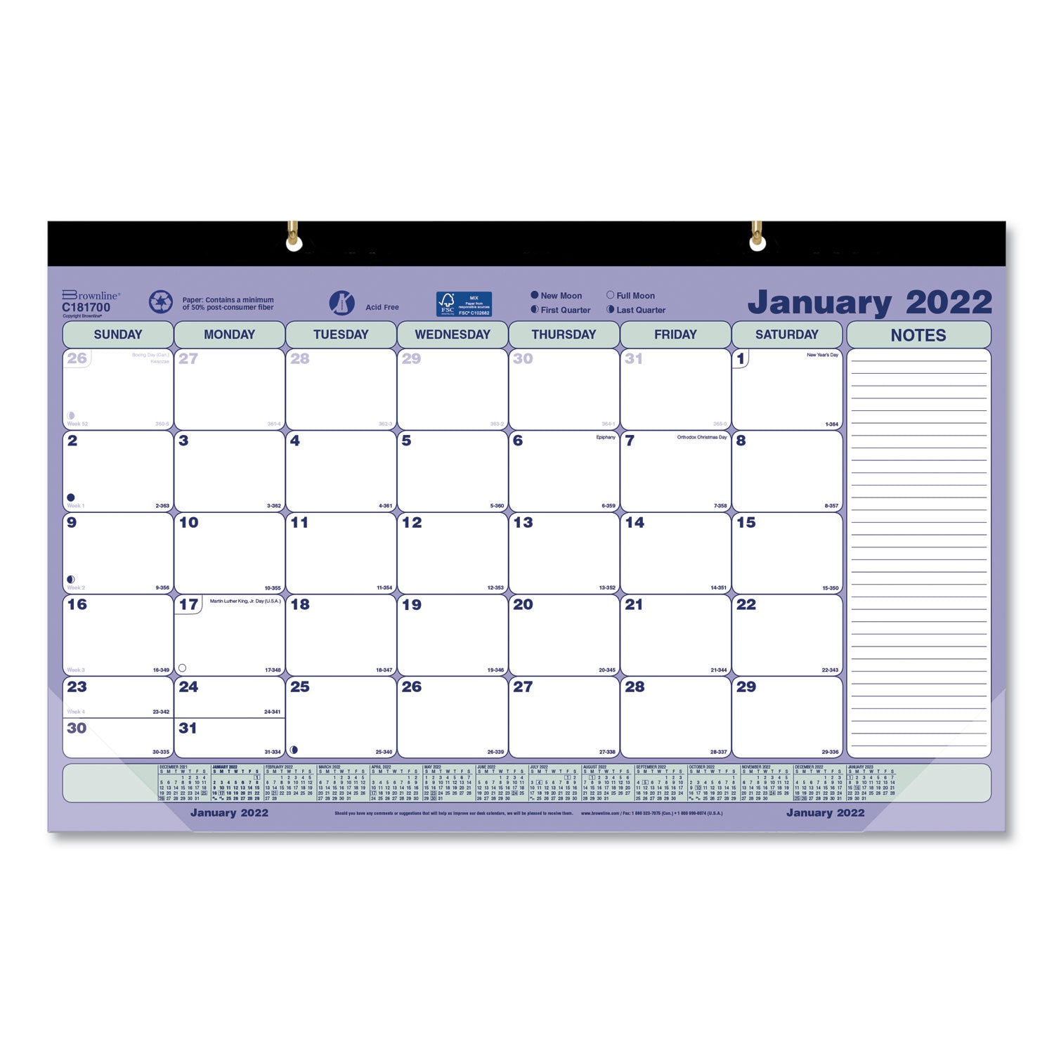 Monthly Desk Pad Calendar, 17.75 x 10.88, White/Blue/Green Sheets, Black Binding, Clear Corners, 12-Month (Jan to Dec): 2024