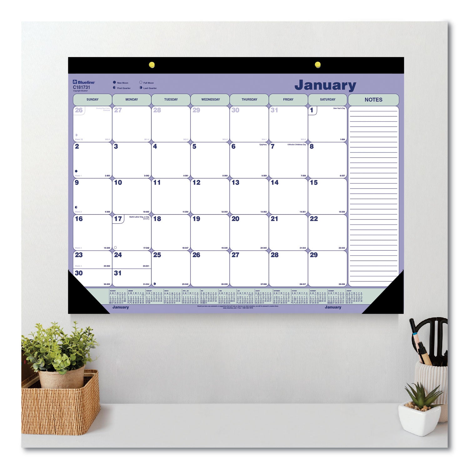 Monthly Desk Pad Calendar, 21.25 x 16, White/Blue/Green Sheets, Black Binding, Black Corners, 12-Month (Jan to Dec): 2024