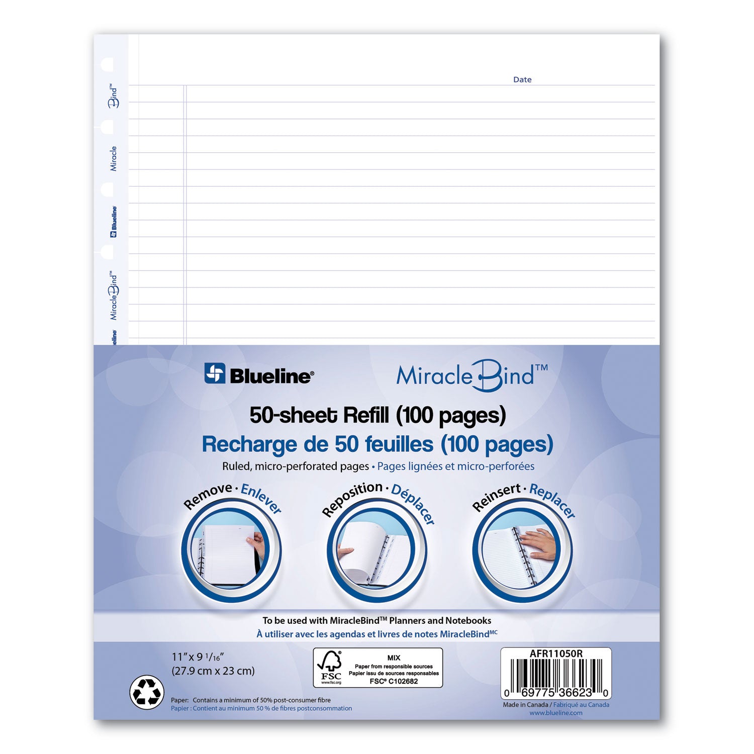 MiracleBind Ruled Paper Refill Sheets for all MiracleBind Notebooks and Planners, 11 x 9.06, White/Blue Sheets, Undated - 