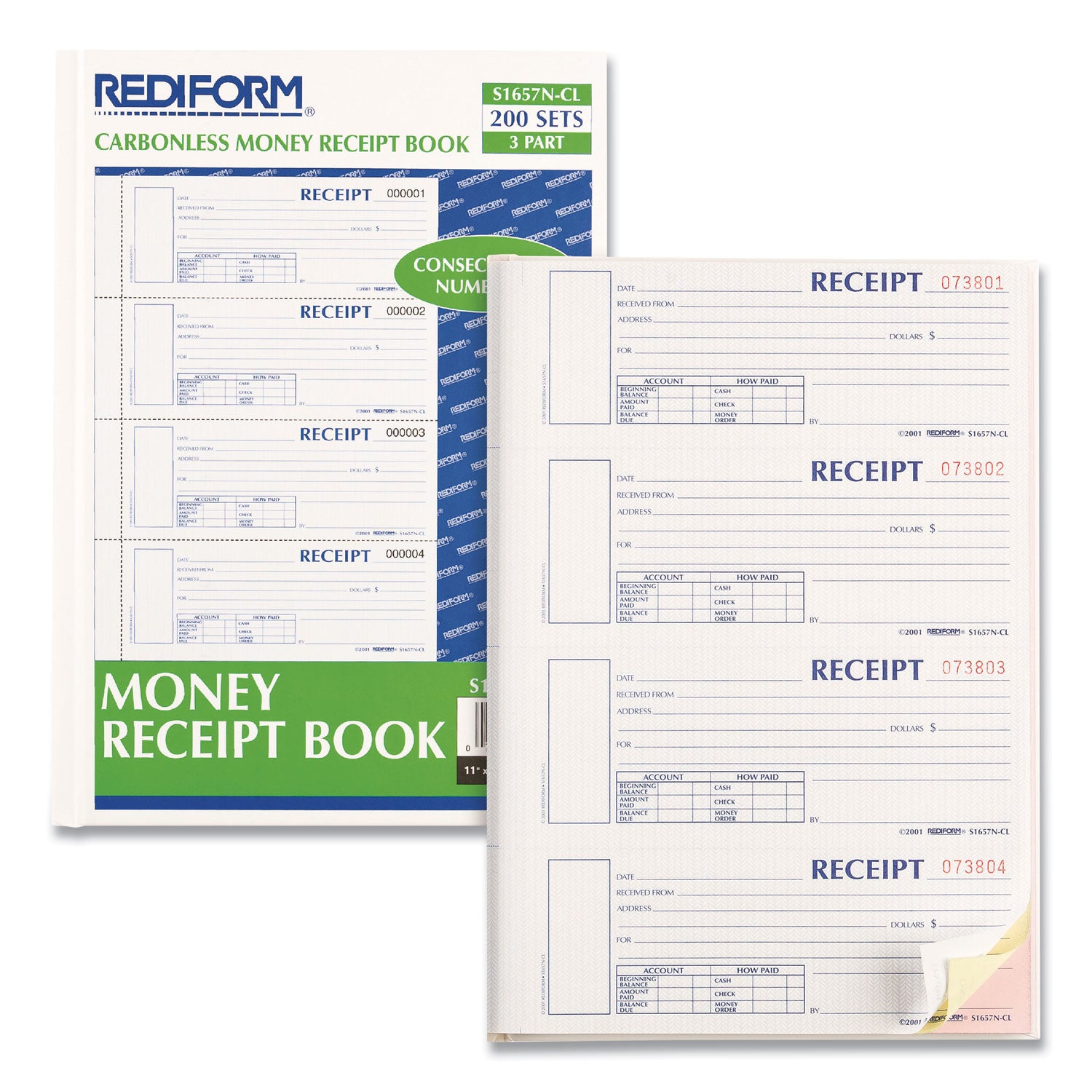 Durable Hardcover Numbered Money Receipt Book, Three-Part Carbonless, 6.88 x 2.75, 4 Forms/Sheet, 200 Forms Total - 