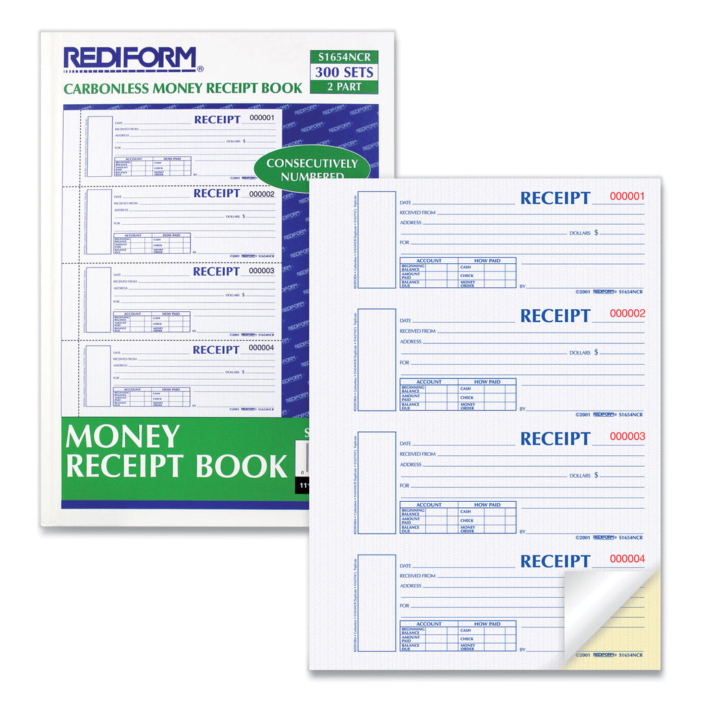 Durable Hardcover Numbered Money Receipt Book, Two-Part Carbonless, 6.88 x 2.75, 4 Forms/Sheet, 300 Forms Total - 