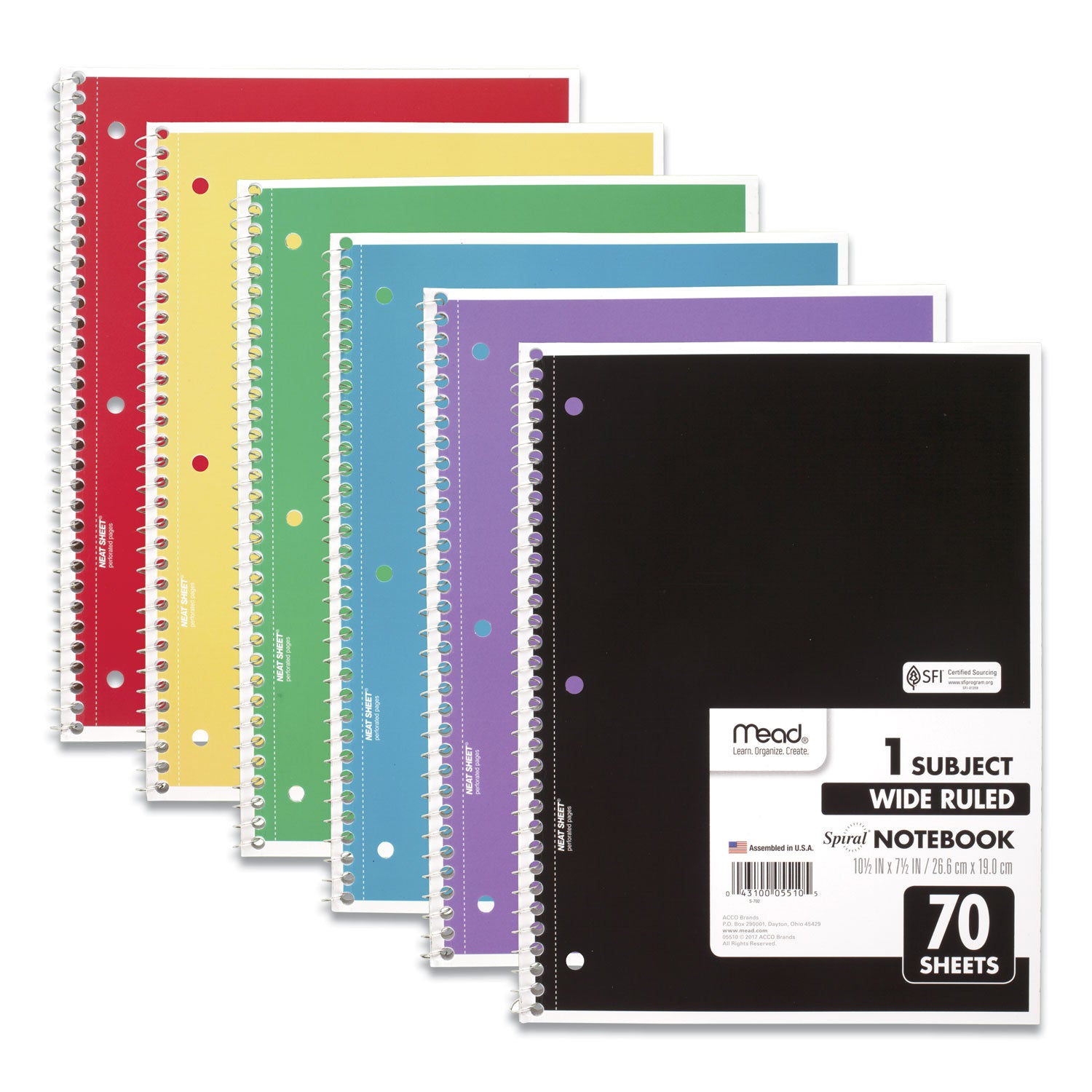 Spiral Notebook, 3-Hole Punched, 1-Subject, Wide/Legal Rule, Randomly Assorted Cover Color, (70) 10.5 x 7.5 Sheets - 
