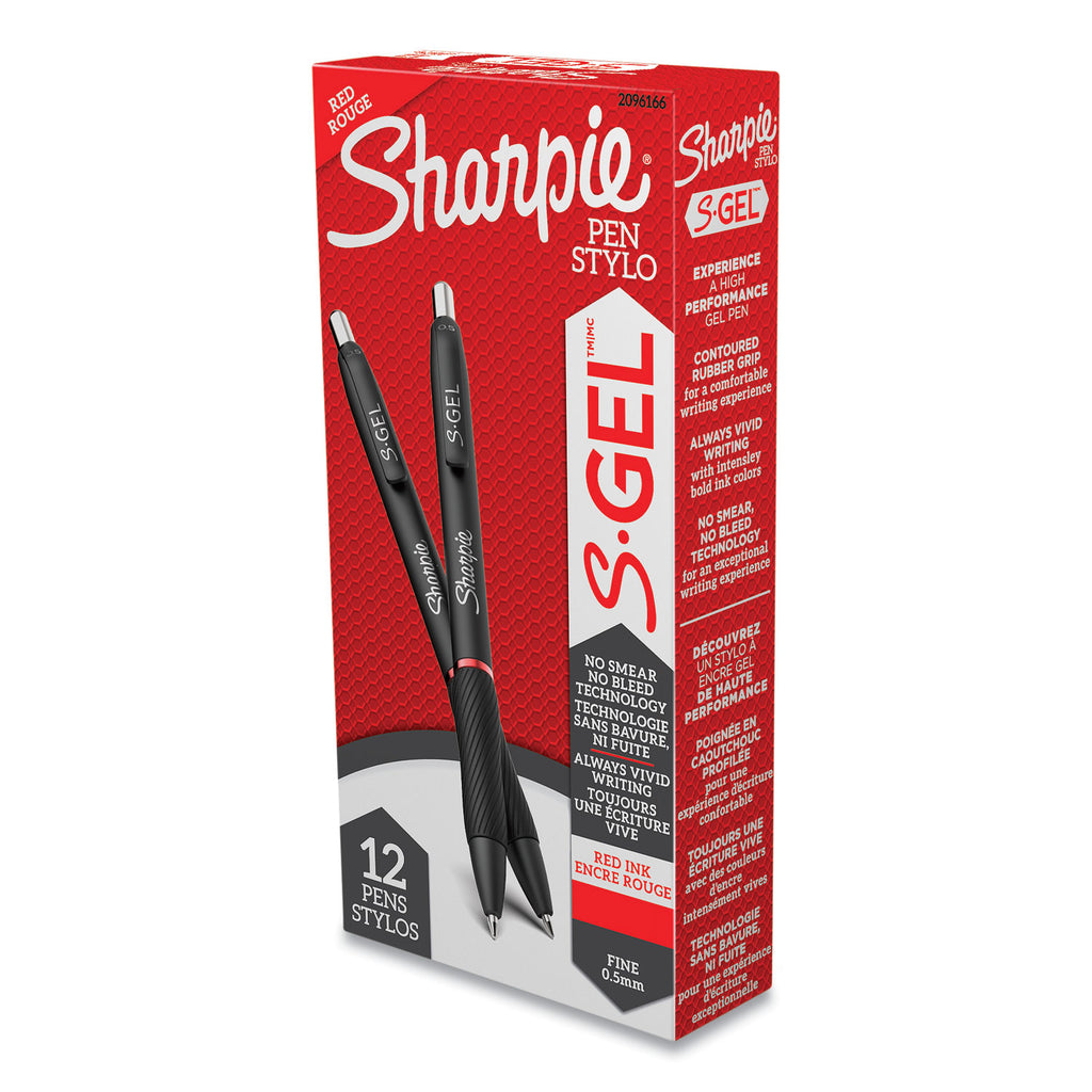 S-Gel High-Performance Gel Pen, Retractable, Fine 0.5 mm, Red Ink, Black Barrel, Dozen