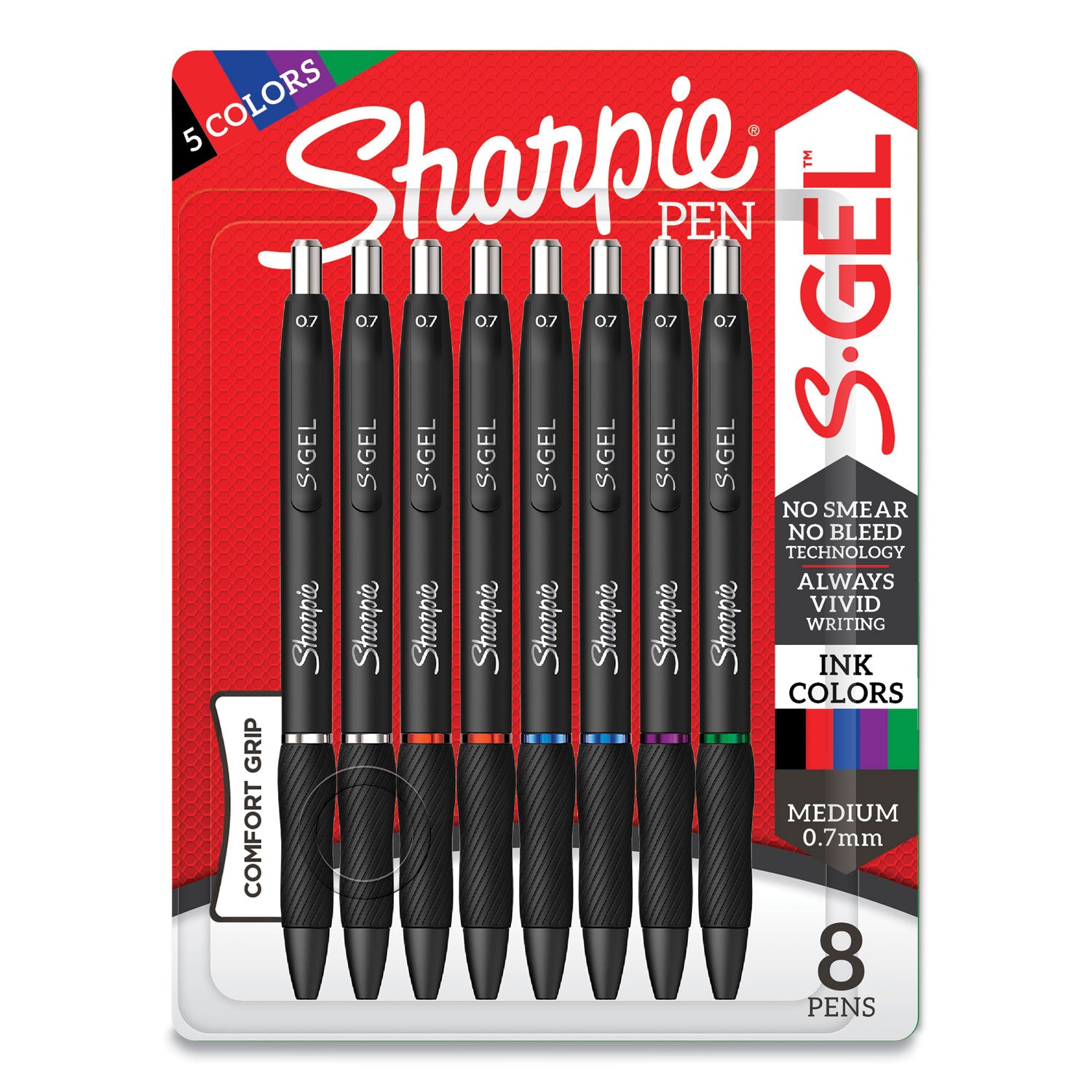 s-gel-high-performance-gel-pen-retractable-medium-07-mm-five-assorted-ink-colors-black-barrel-8-pack_san2126231 - 1