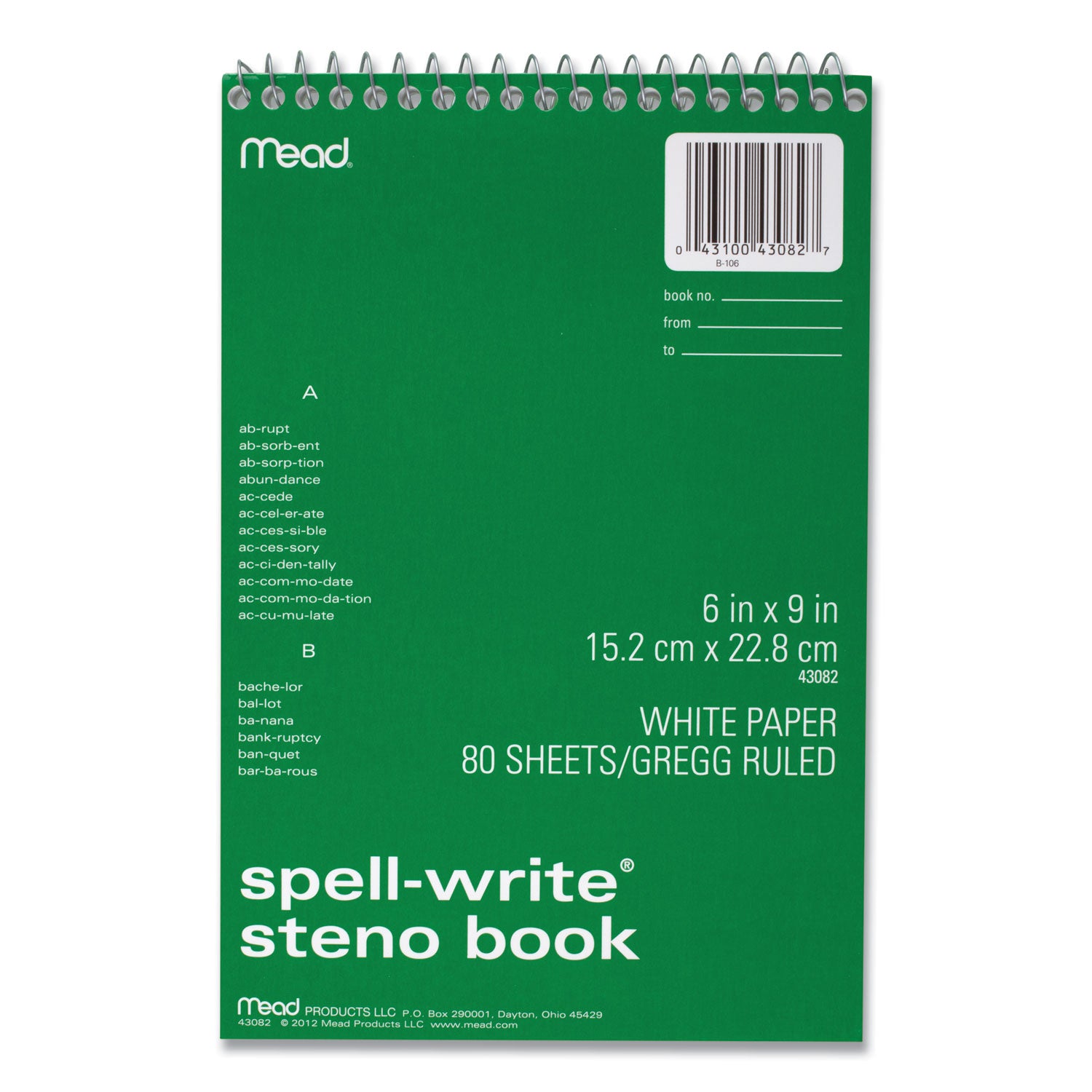 Spell-Write Wirebound Steno Pad, Gregg Rule, Randomly Assorted Cover Colors, 80 White 6 x 9 Sheets - 
