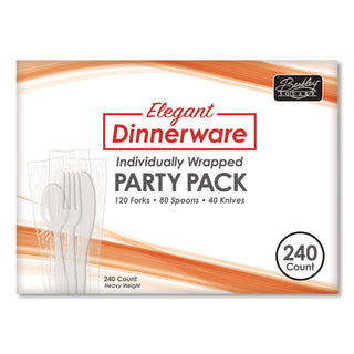 Elegant Dinnerware Heavyweight Cutlery Assortment, Individually Wrapped, 120 Forks/80 Spoons/40 Knives, White, 240/Box