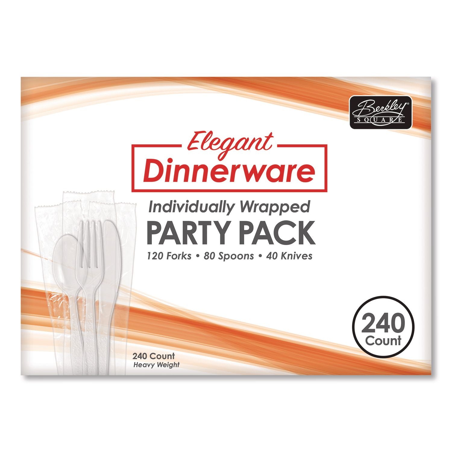 Elegant Dinnerware Heavyweight Cutlery Assortment, Individually Wrapped, 120 Forks/80 Spoons/40 Knives, White, 240/Box