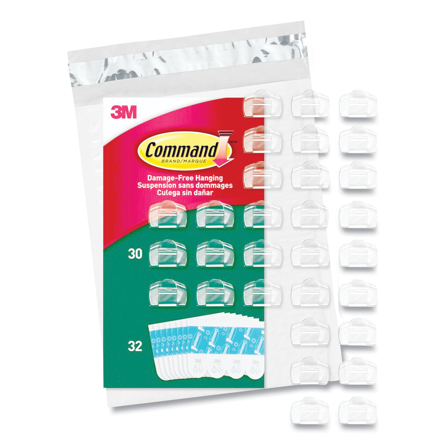 All Weather Hooks and Strips, Small, Plastic, Clear, 0.5 lb Capacity, 30 Clips and 32 Strips/Pack