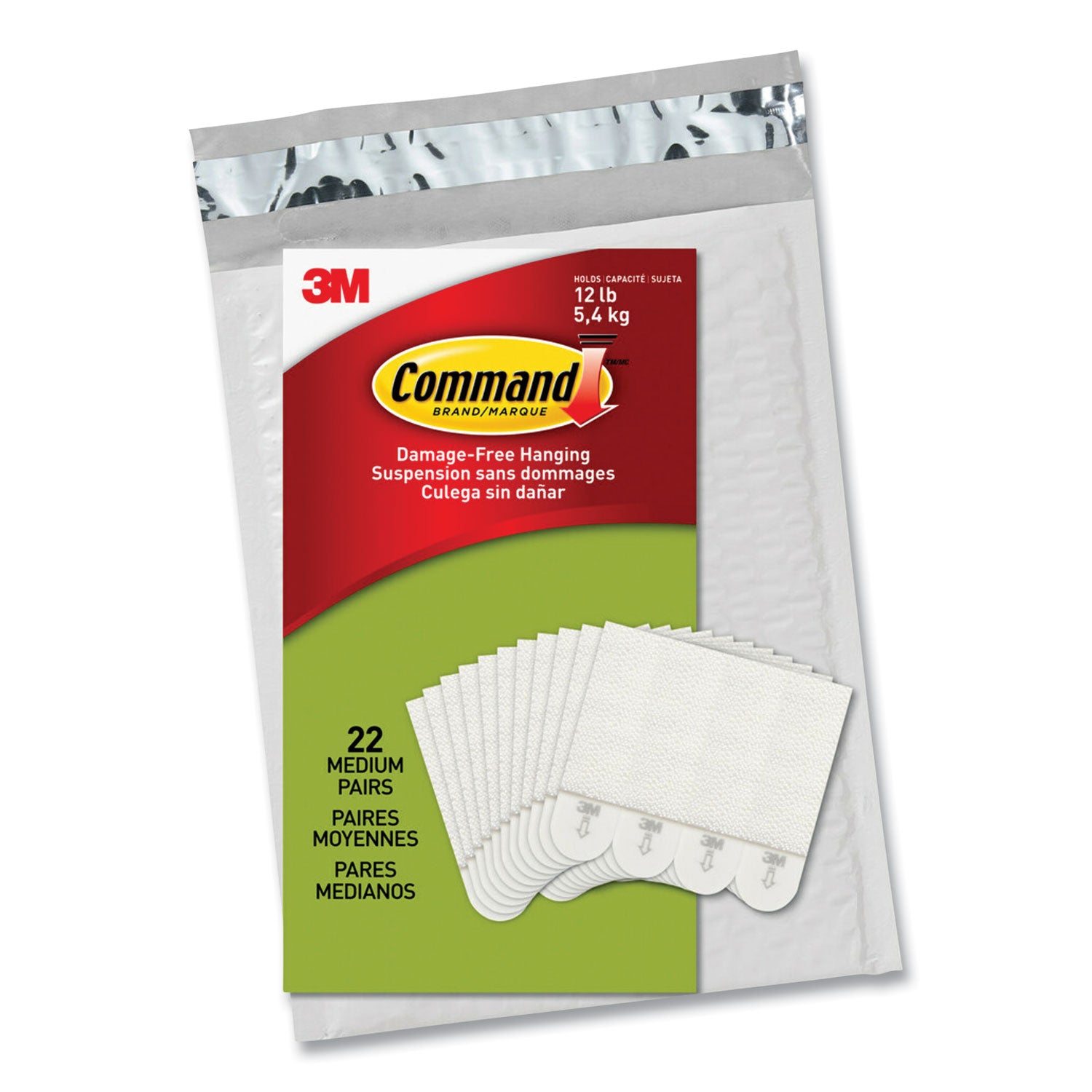 Picture Hanging Strips, Removable, Holds Up to 3 lbs per Pair, Medium, 0.63 x 2.75, White, 22 Pairs/Pack