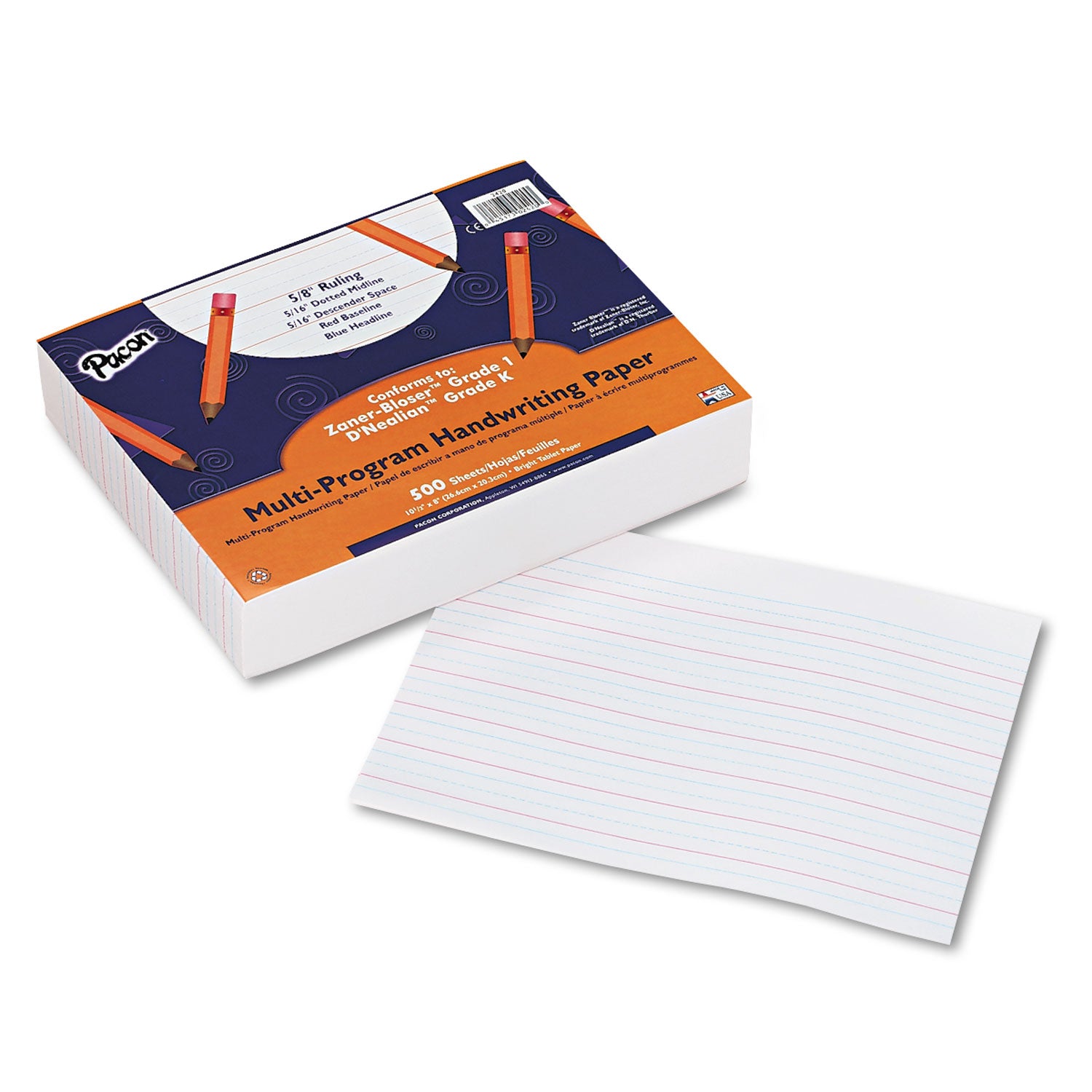 Multi-Program Handwriting Paper, 16 lb, 5/8" Long Rule, One-Sided, 8 x 10.5, 500/Pack - 