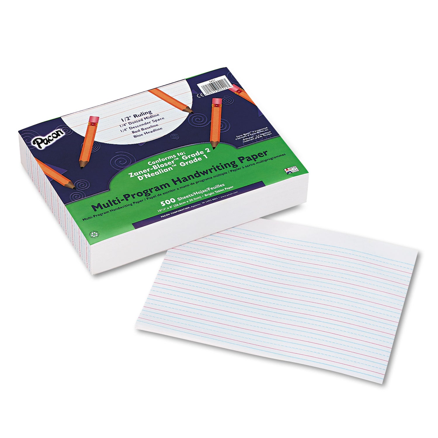 Multi-Program Handwriting Paper, 16 lb, 1/2" Long Rule, One-Sided, 8 x 10.5, 500/Pack - 