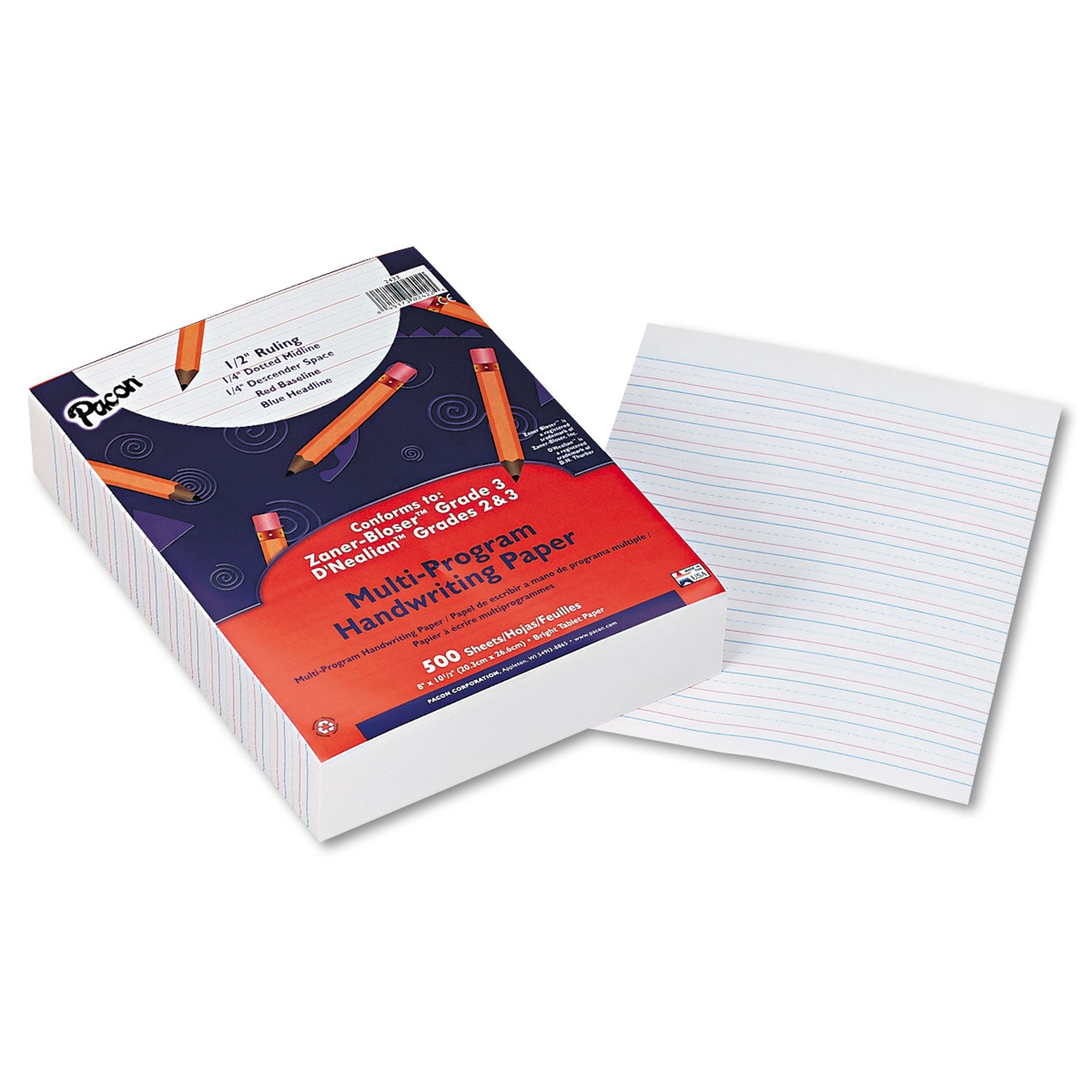 Multi-Program Handwriting Paper, 16 lb, 1/2" Short Rule, One-Sided, 8 x 10.5, 500/Pack - 