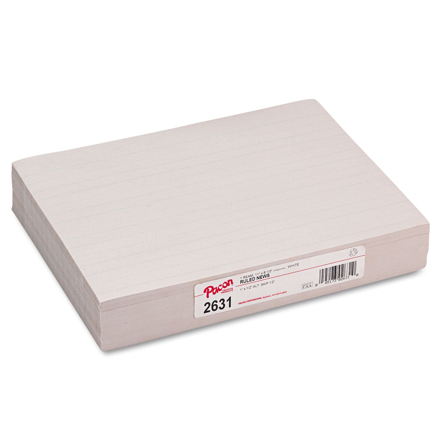 Skip-A-Line Ruled Newsprint Paper, 1" Two-Sided Long Rule, 8.5 x 11, 500/Pack - 