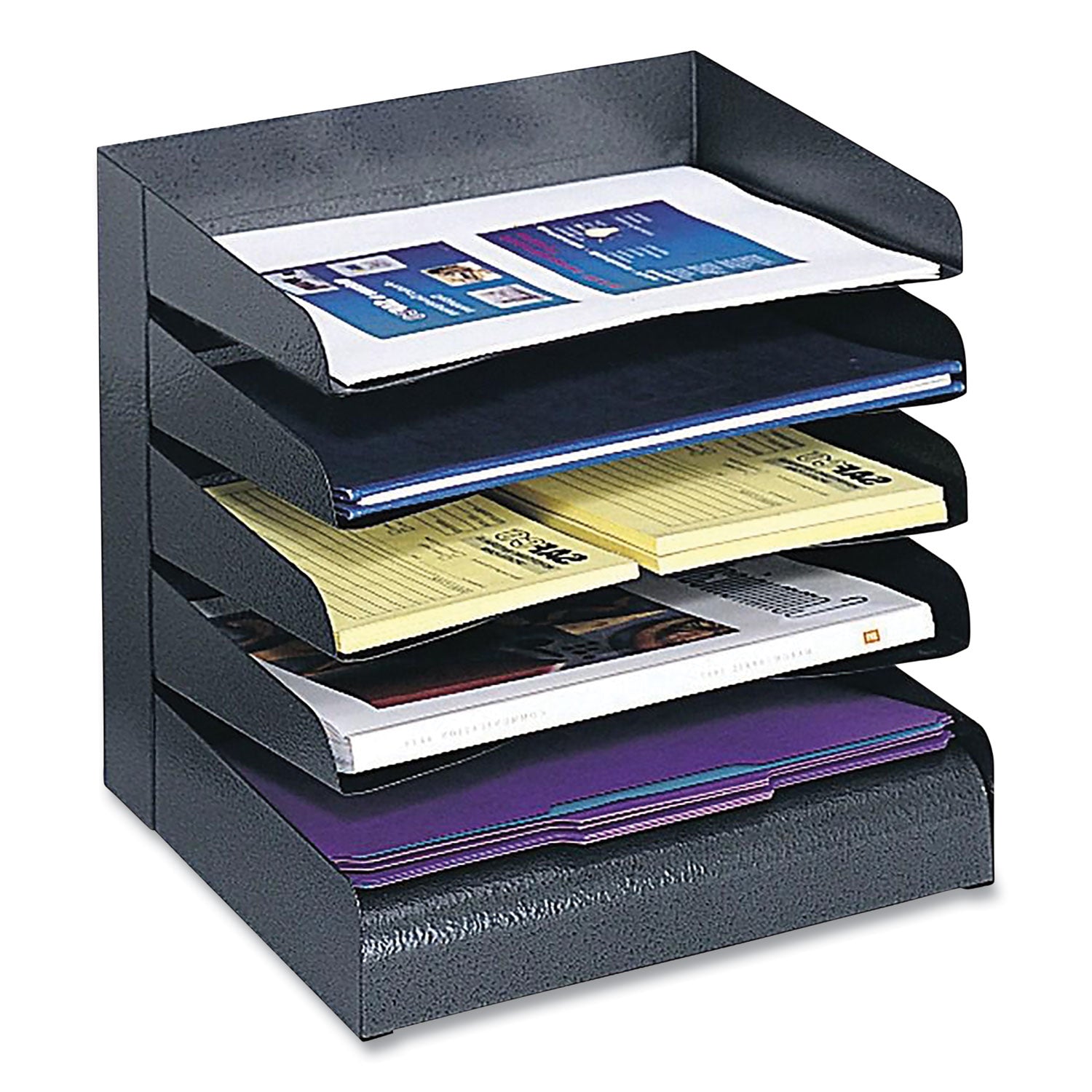Safco Slanted Shelves Steel Desk Tray Sorter - 5 Tier(s)Desktop - Durable - Powder Coated - Black - Steel - 1 Each