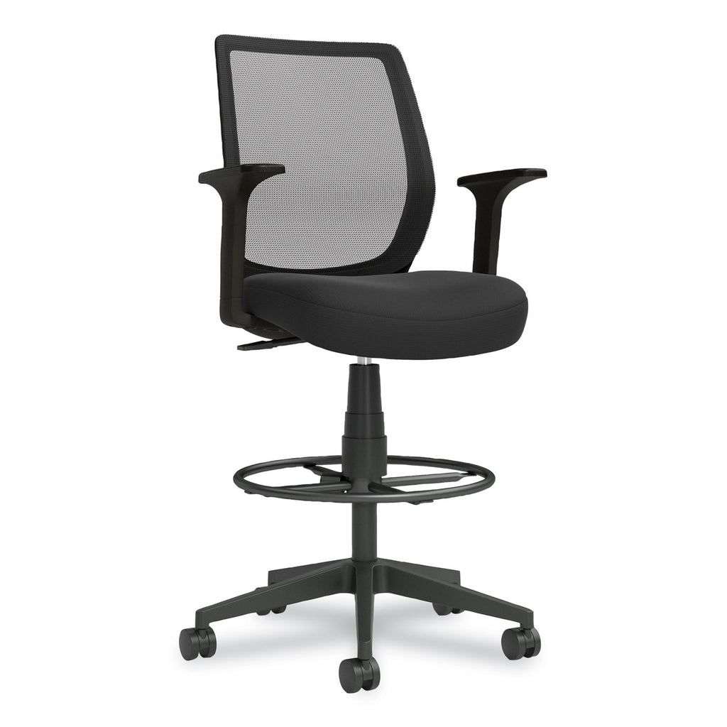 Essentials Mesh Back Fabric Drafting Stool with Arms, Supports Up to 275 lb, Black Seat/Back, Black Base - 1