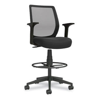 Essentials Mesh Back Fabric Drafting Stool with Arms, Supports Up to 275 lb, Black Seat/Back, Black Base - 1