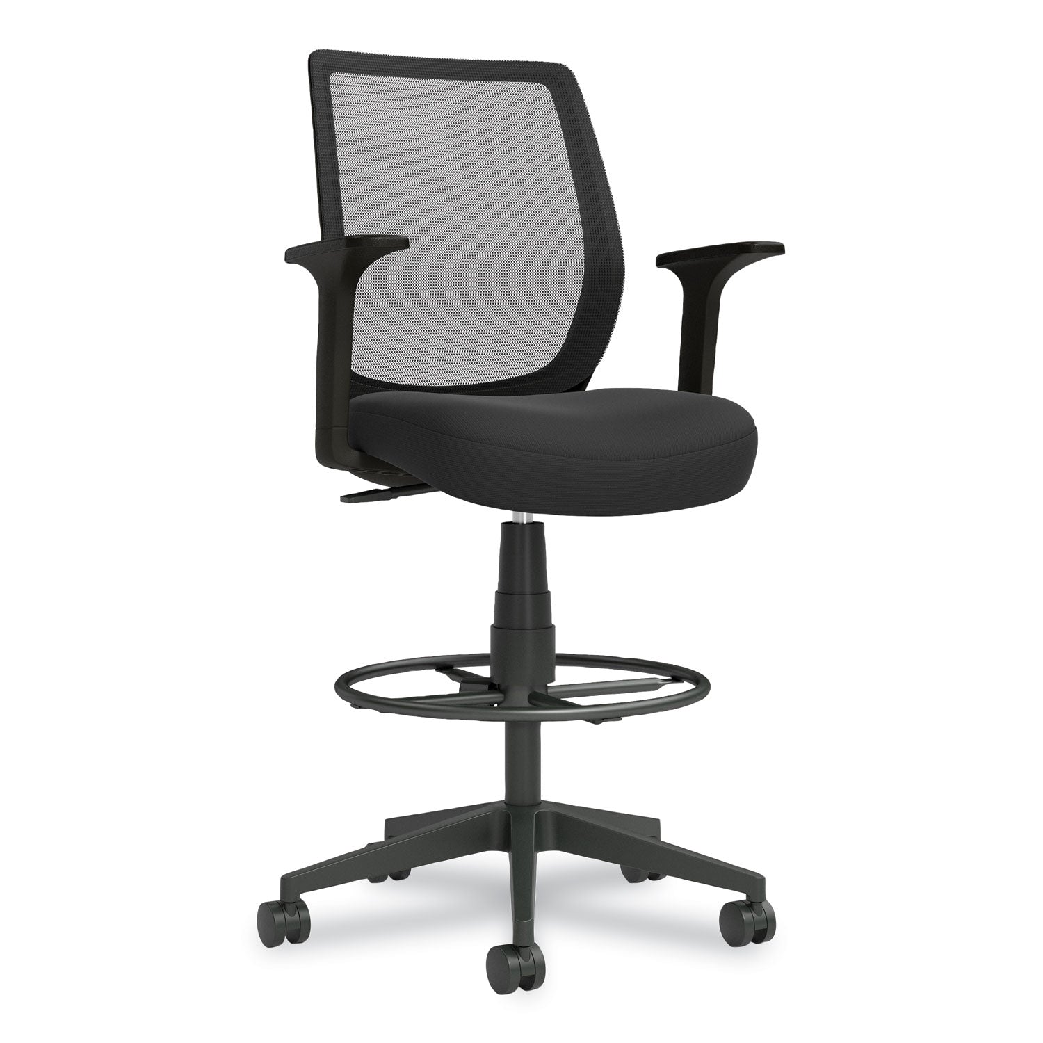 Essentials Mesh Back Fabric Drafting Stool with Arms, Supports Up to 275 lb, Black Seat/Back, Black Base - 1