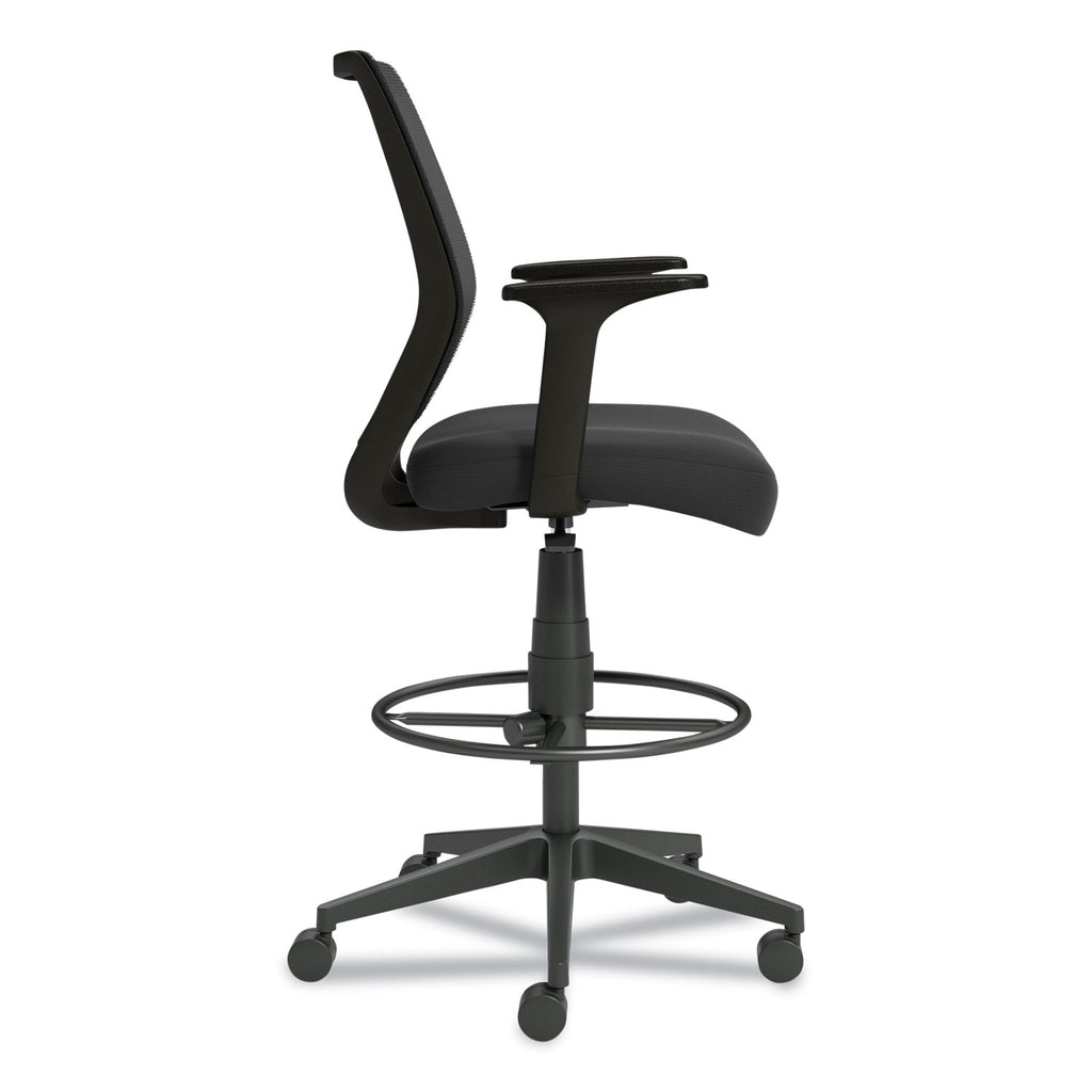 Essentials Mesh Back Fabric Drafting Stool with Arms, Supports Up to 275 lb, Black Seat/Back, Black Base - 2