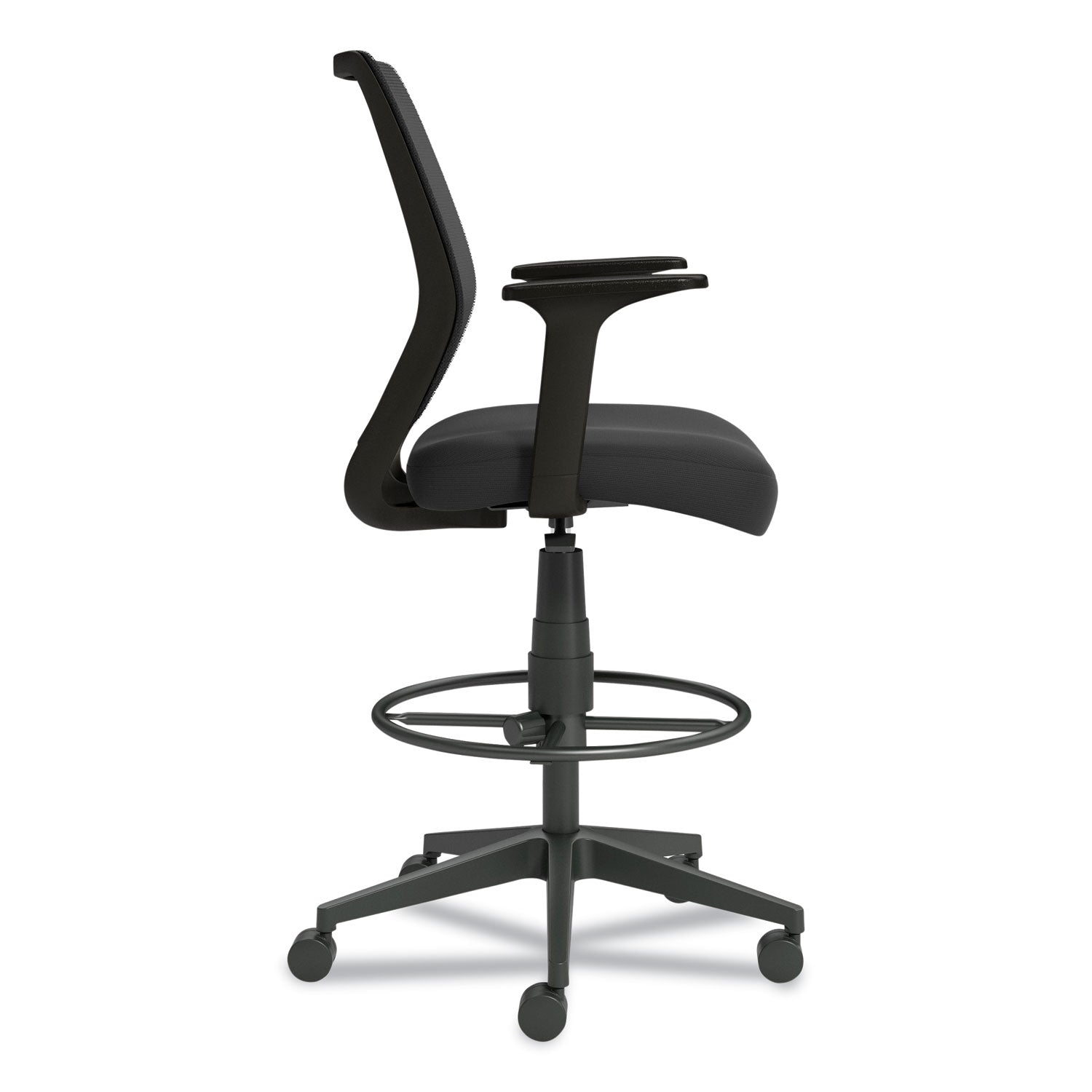 Essentials Mesh Back Fabric Drafting Stool with Arms, Supports Up to 275 lb, Black Seat/Back, Black Base - 2
