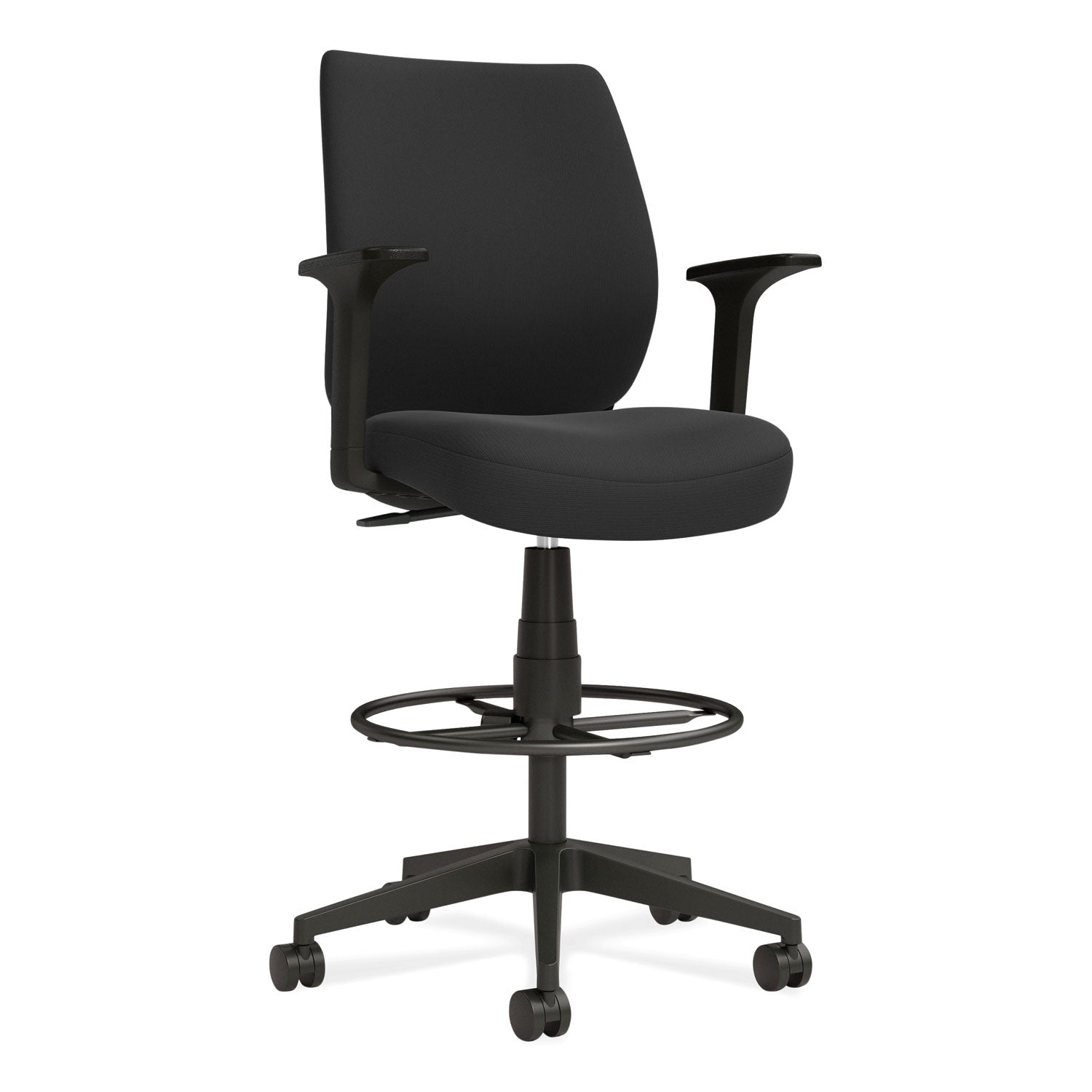 essentials-fabric-drafting-stool-with-arms-supports-up-to-275-lb-black-seat-back-black-base_uos59388 - 1