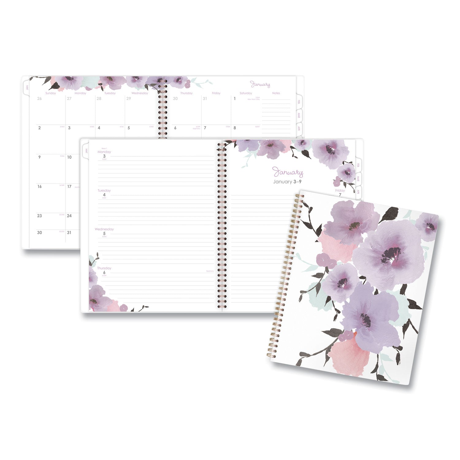 Mina Weekly/Monthly Planner, Main Floral Artwork, 11 x 8.5, White/Violet/Peach Cover, 12-Month (Jan to Dec): 2024