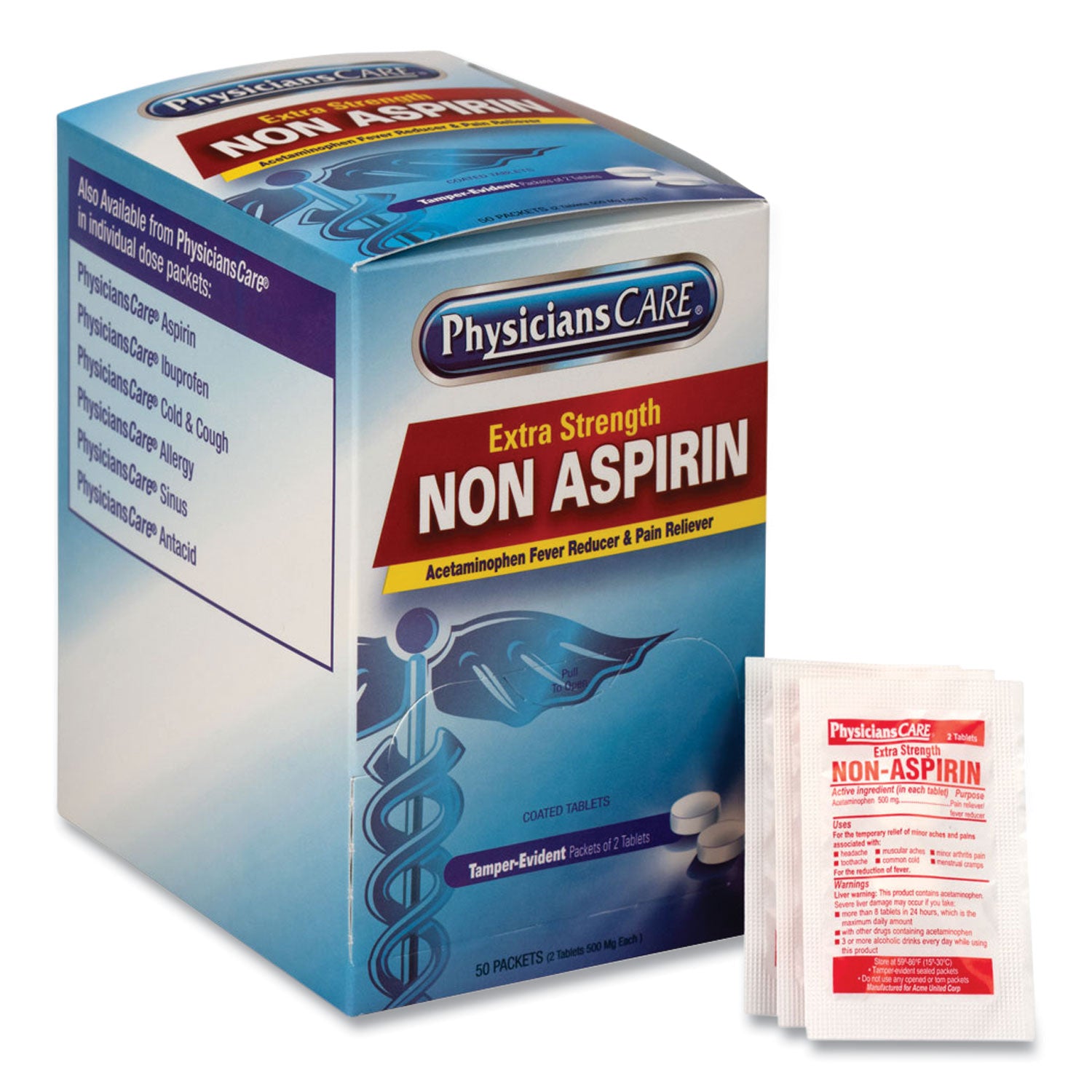 Non Aspirin Acetaminophen Medication, Two-Pack, 50 Packs/Box