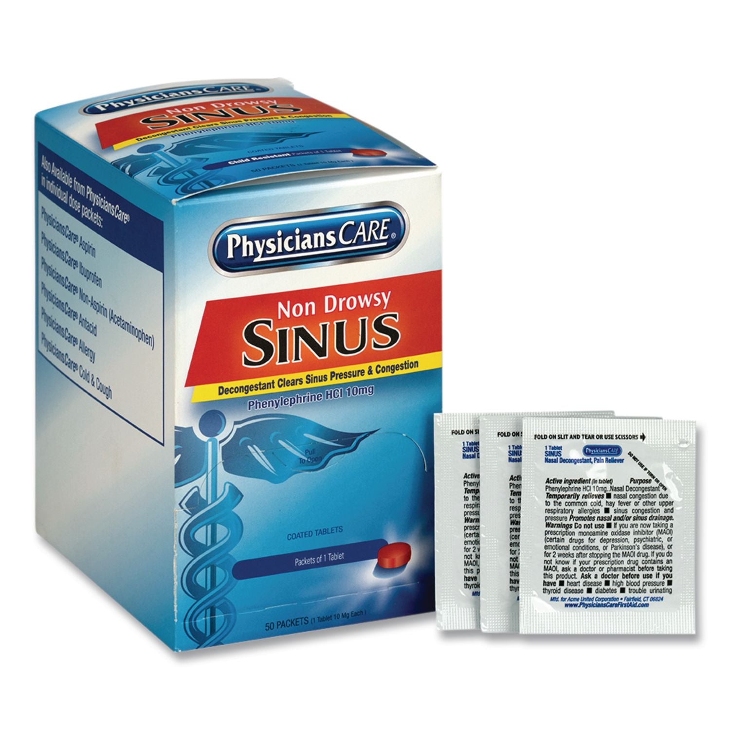 Sinus Decongestant Congestion Medication, One Tablet/Pack, 50 Packs/Box