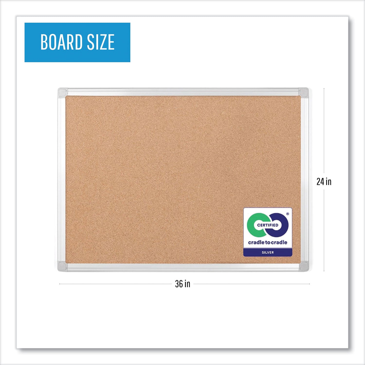 Earth Cork Board, 36 x 24, Tan Surface, Silver Aluminum Frame - 