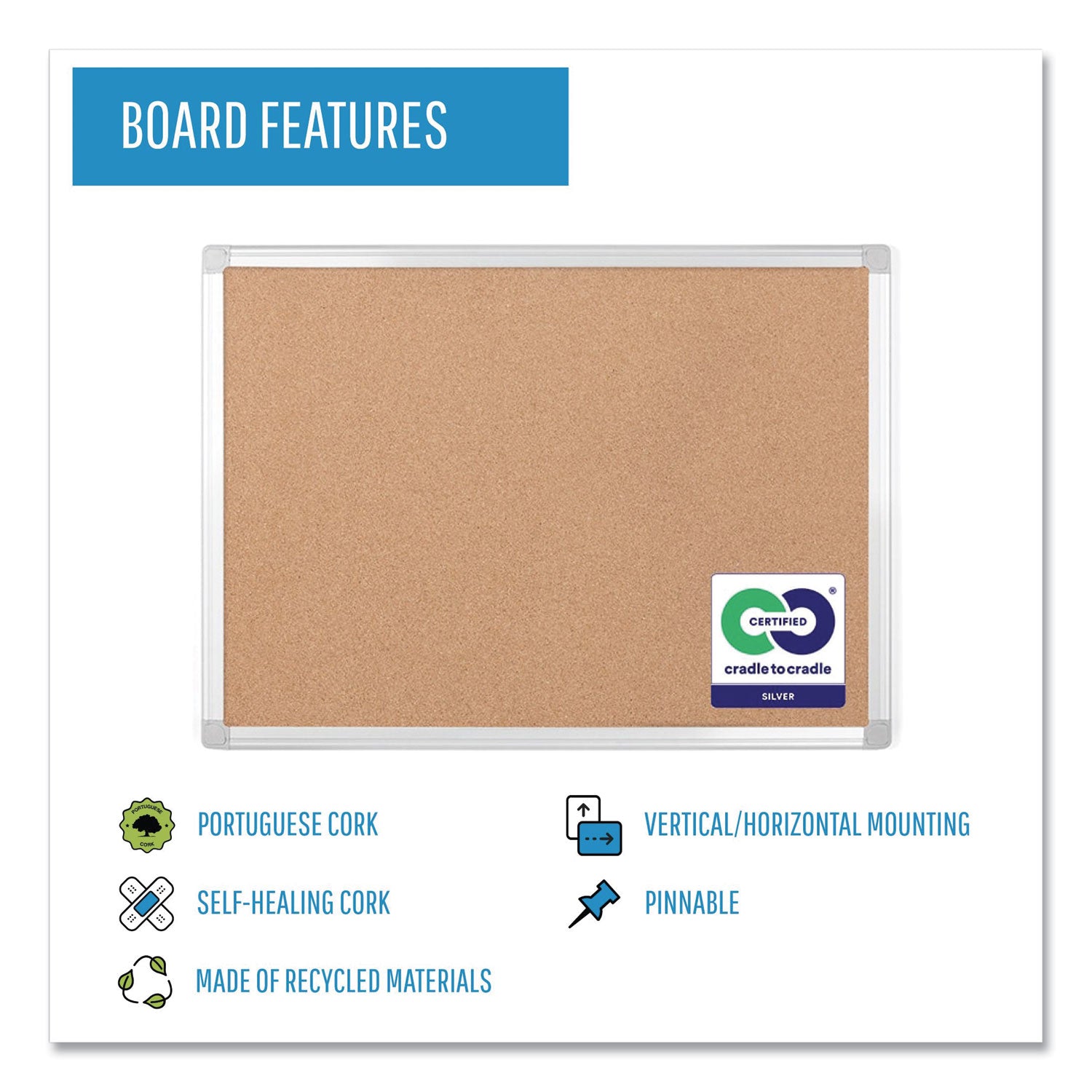 Earth Cork Board, 36 x 24, Tan Surface, Silver Aluminum Frame - 