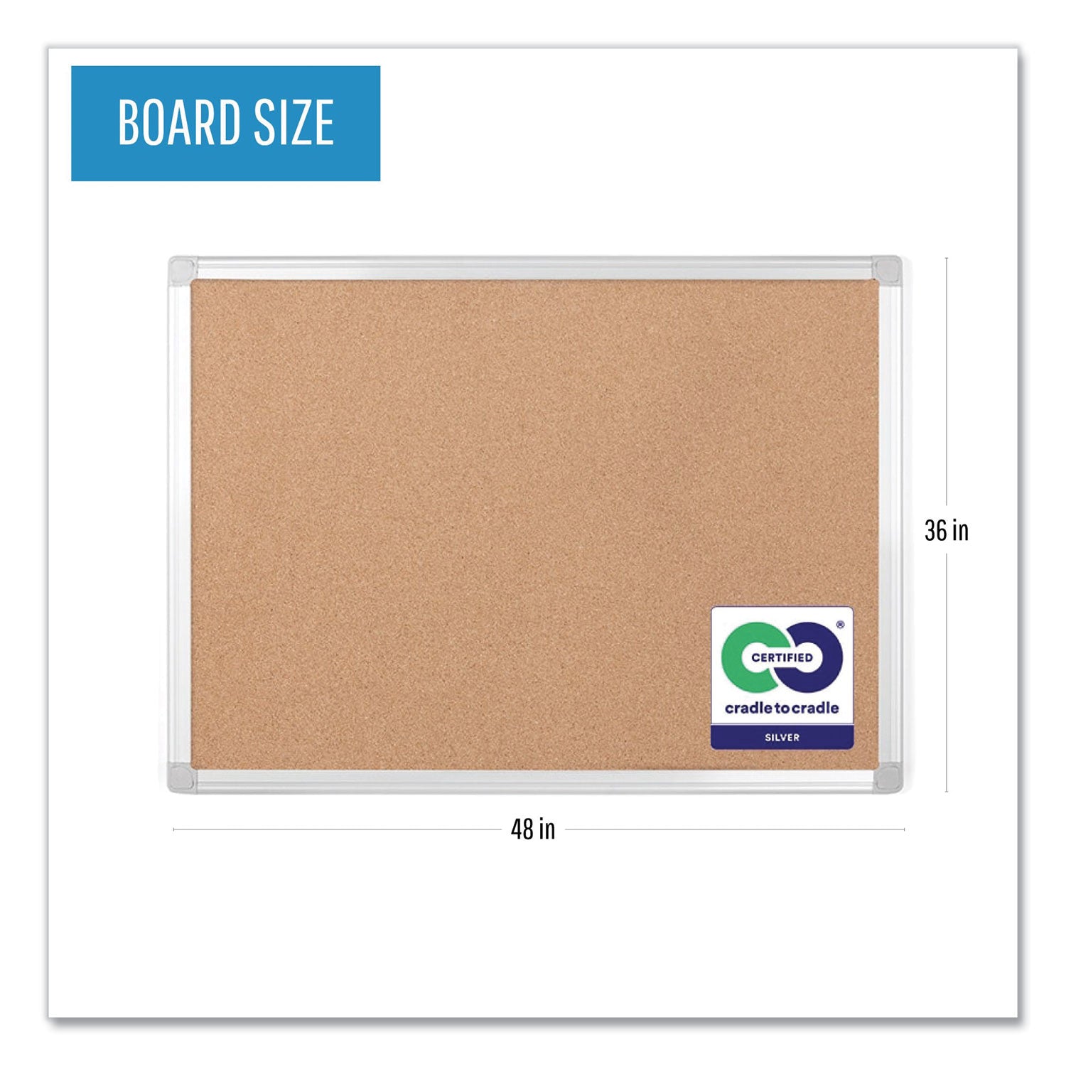 Earth Cork Board, 48 x 36, Tan Surface, Silver Aluminum Frame - 