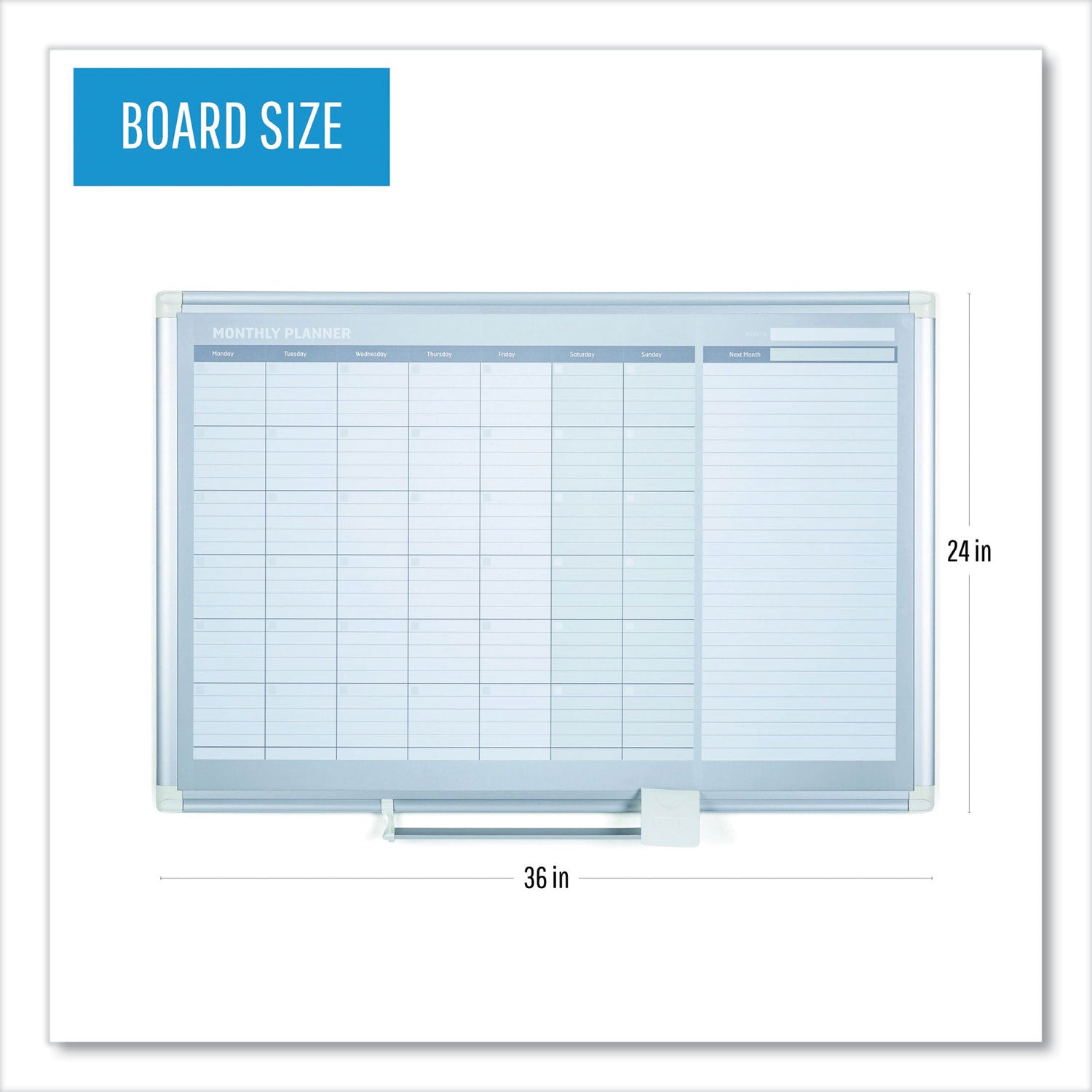 Magnetic Dry Erase Calendar Board, One Month, 36 x 24, White Surface, Silver Aluminum Frame - 