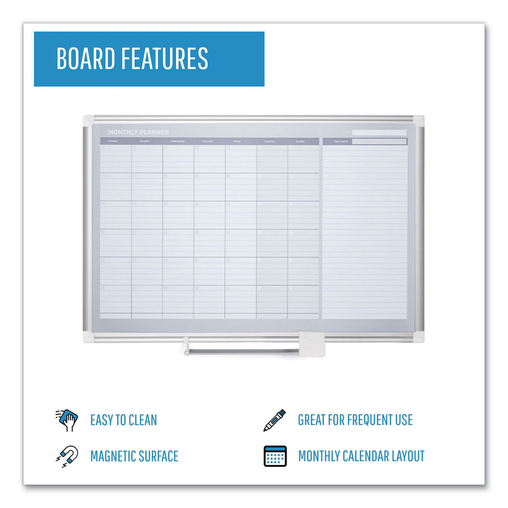 Magnetic Dry Erase Calendar Board, One Month, 48 x 36, White Surface, Silver Aluminum Frame - 