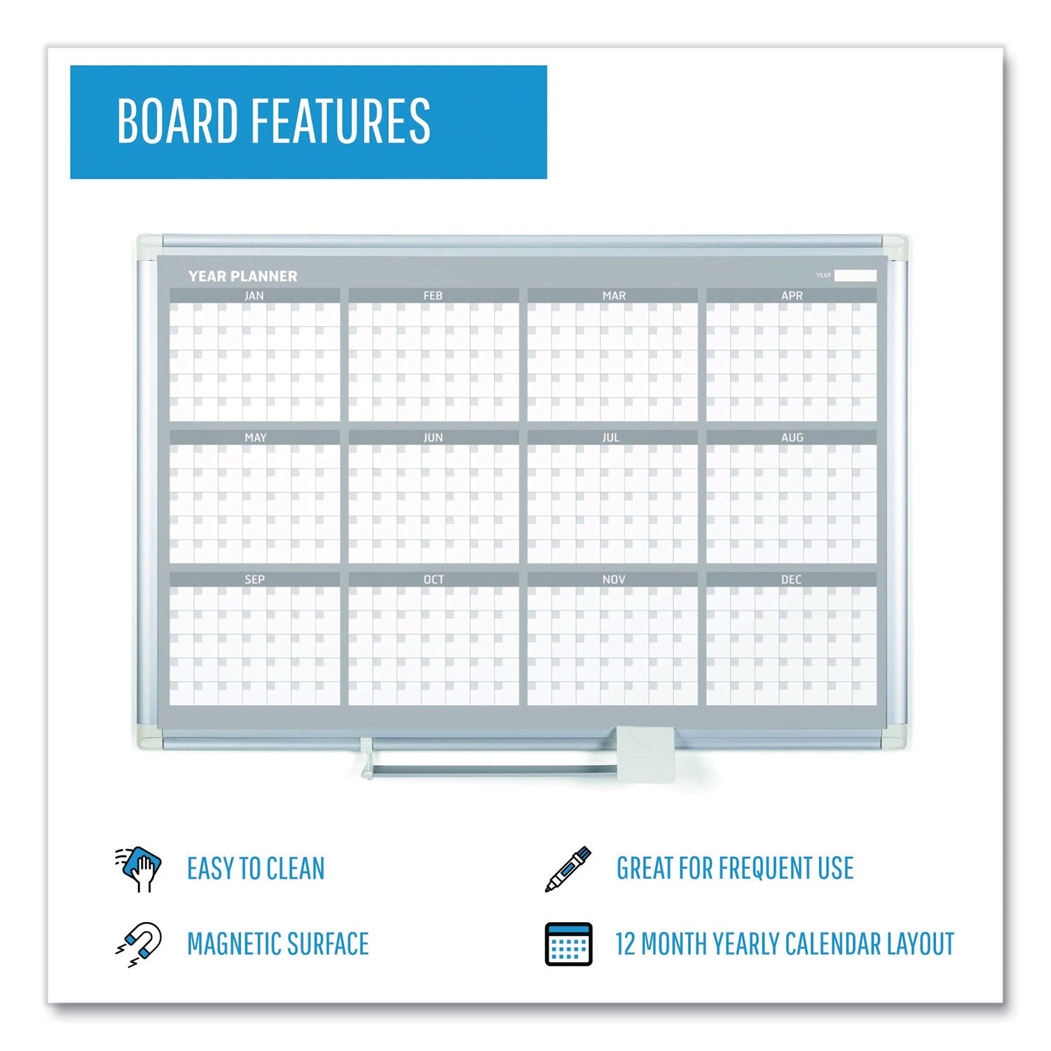 Magnetic Dry Erase Calendar Board, 12-Month, 36 x 24, White Surface, Silver Aluminum Frame - 