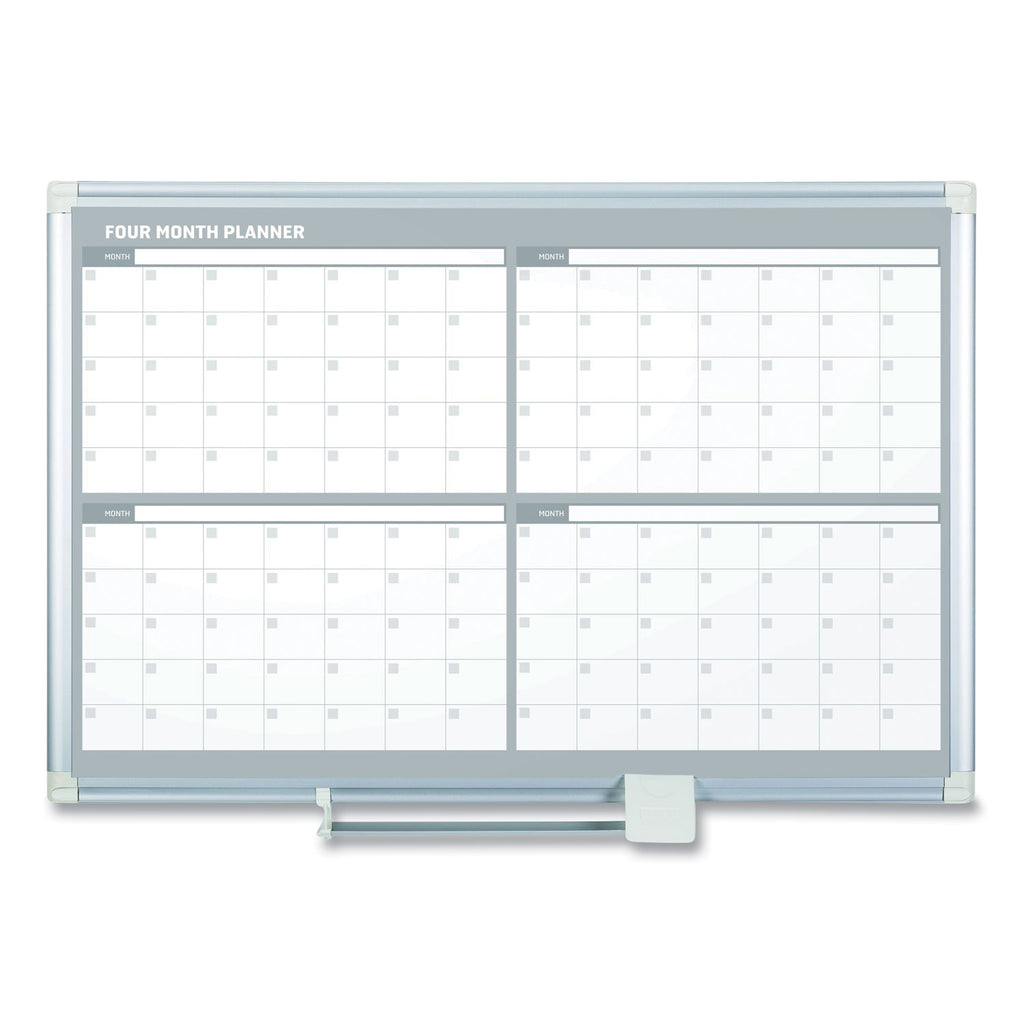 Magnetic Dry Erase Calendar Board, Four Month, 48 x 36, White Surface, Silver Aluminum Frame - 