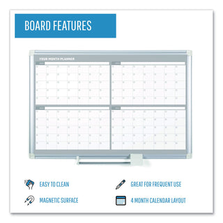 Magnetic Dry Erase Calendar Board, Four Month, 48 x 36, White Surface, Silver Aluminum Frame - 