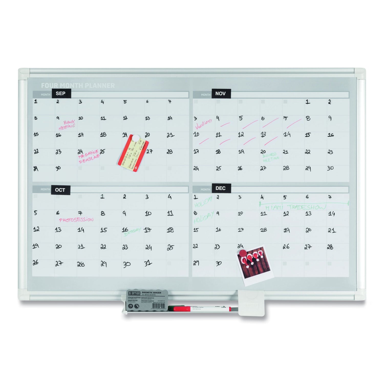 Magnetic Dry Erase Calendar Board, Four Month, 48 x 36, White Surface, Silver Aluminum Frame - 