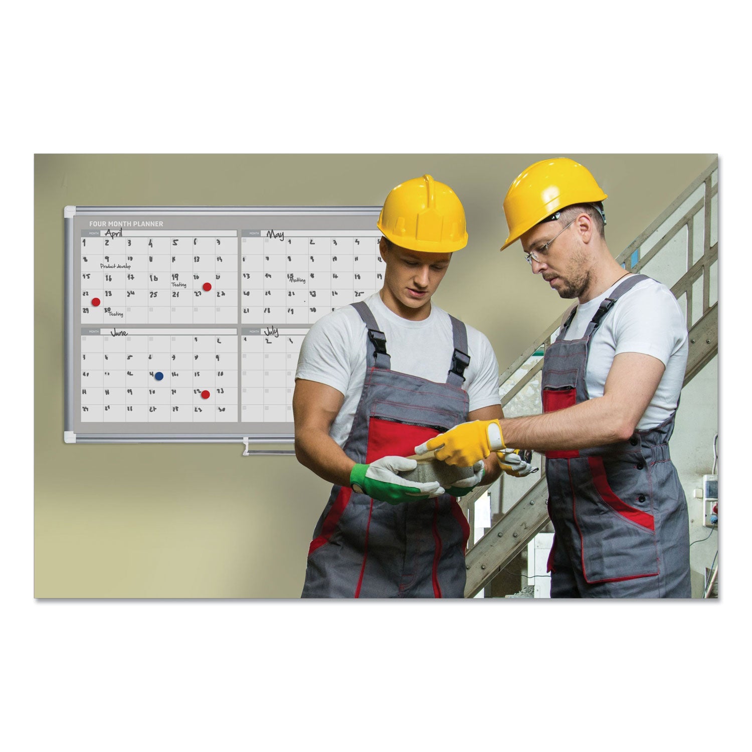 Magnetic Dry Erase Calendar Board, Four Month, 48 x 36, White Surface, Silver Aluminum Frame - 