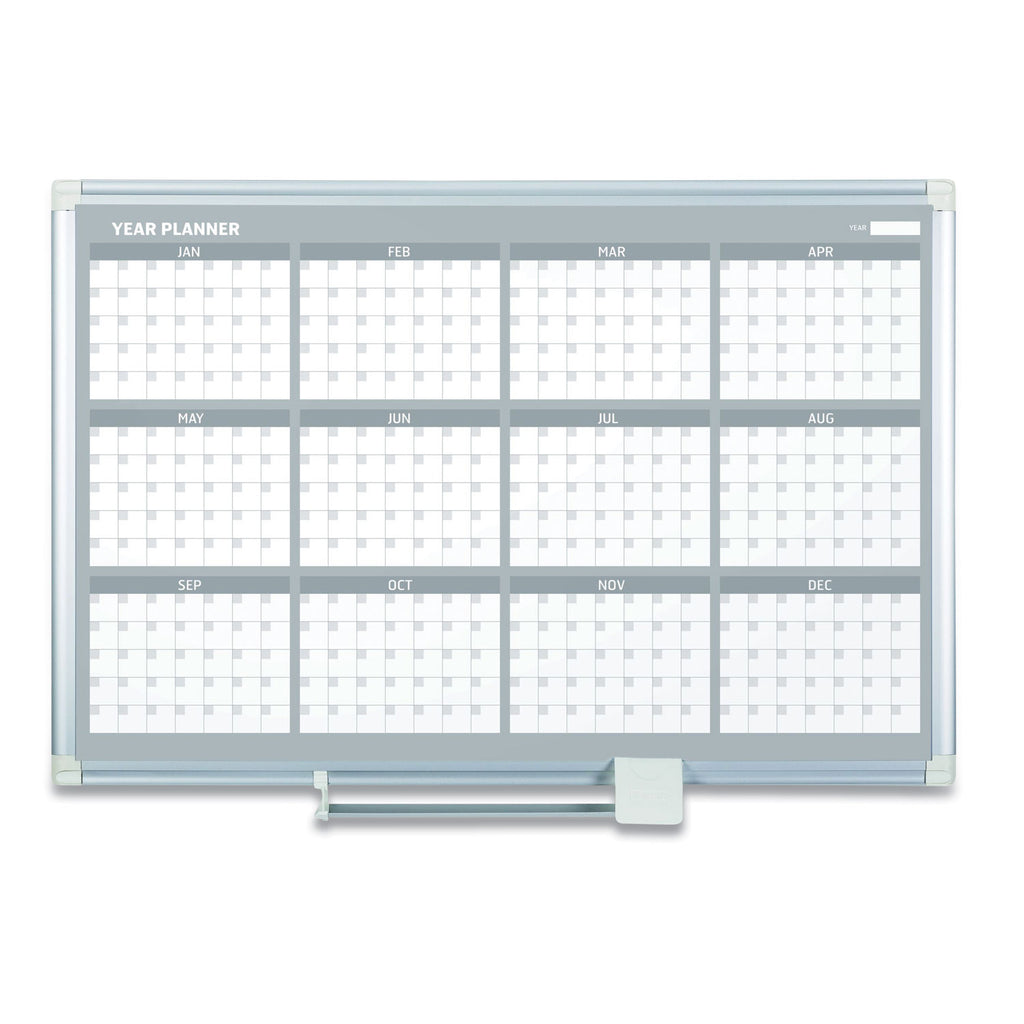 Magnetic Dry Erase Calendar Board, 12-Month, 48 x 36, White Surface, Silver Aluminum Frame - 
